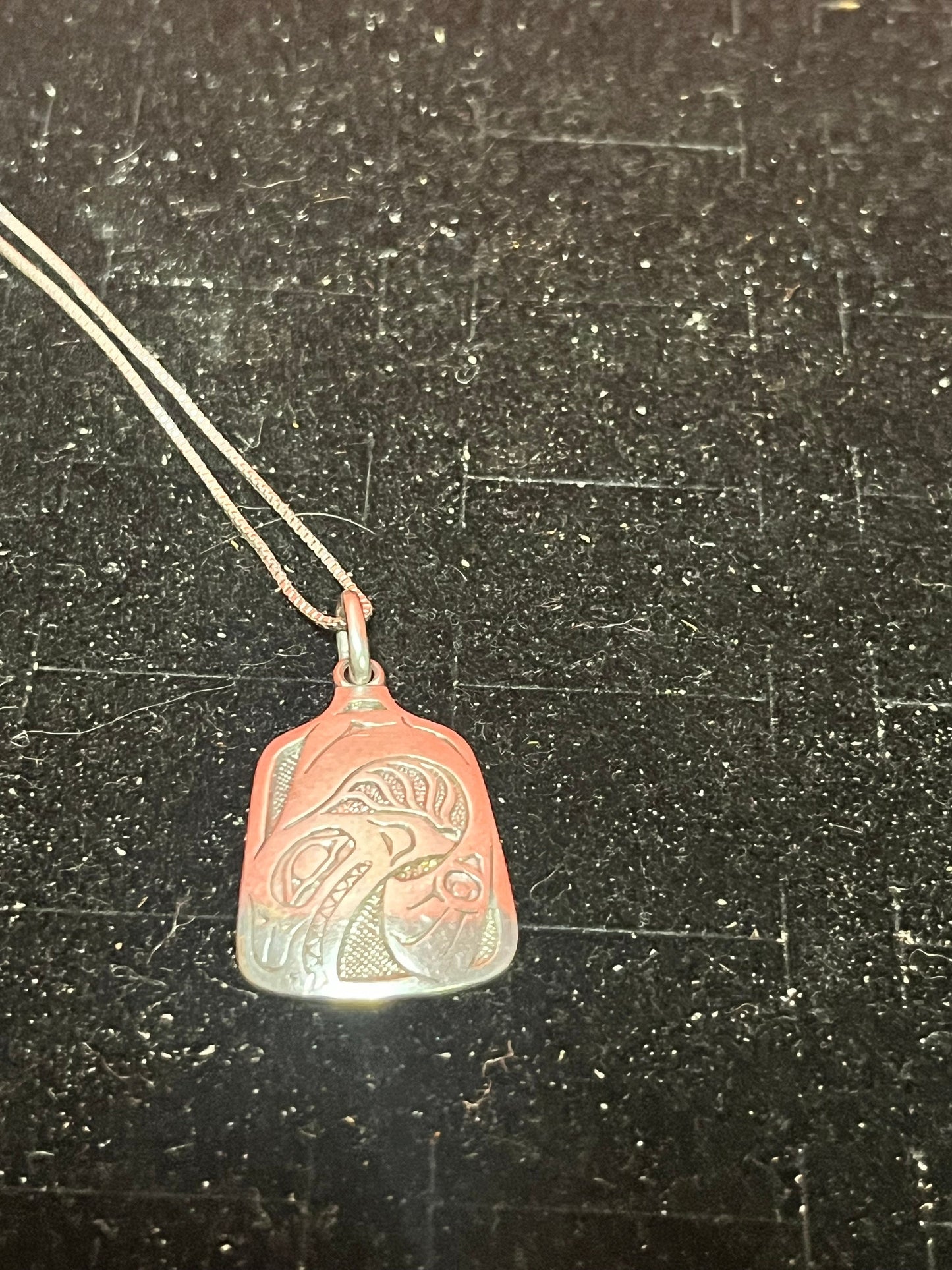 Stunning 1 inch long signed indigenous first nations north west coast  Sterling silver salmon pendant with free chain