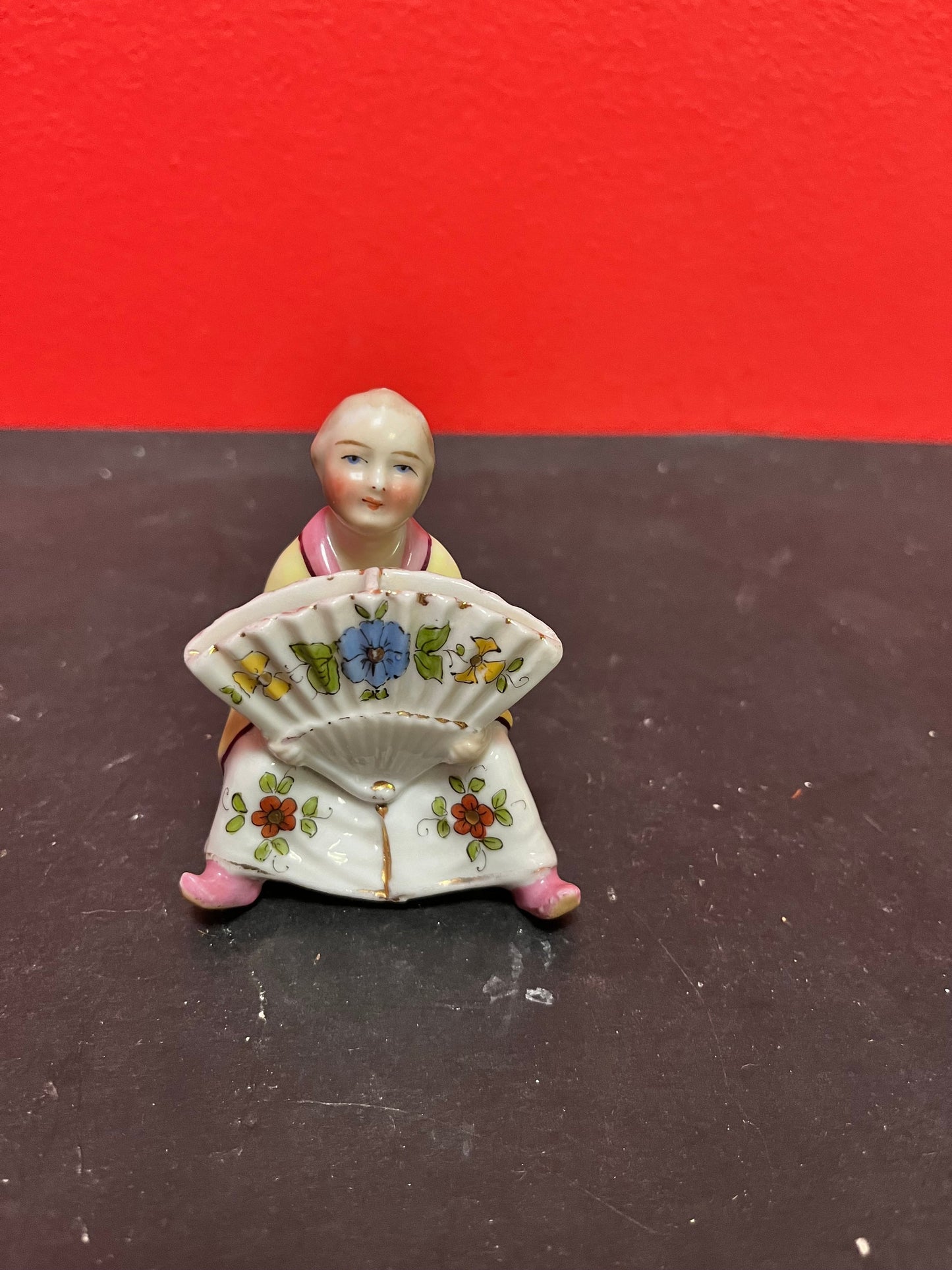 3 inch high, German meissen style statue of a Chinese woman toothpick holder  great condition