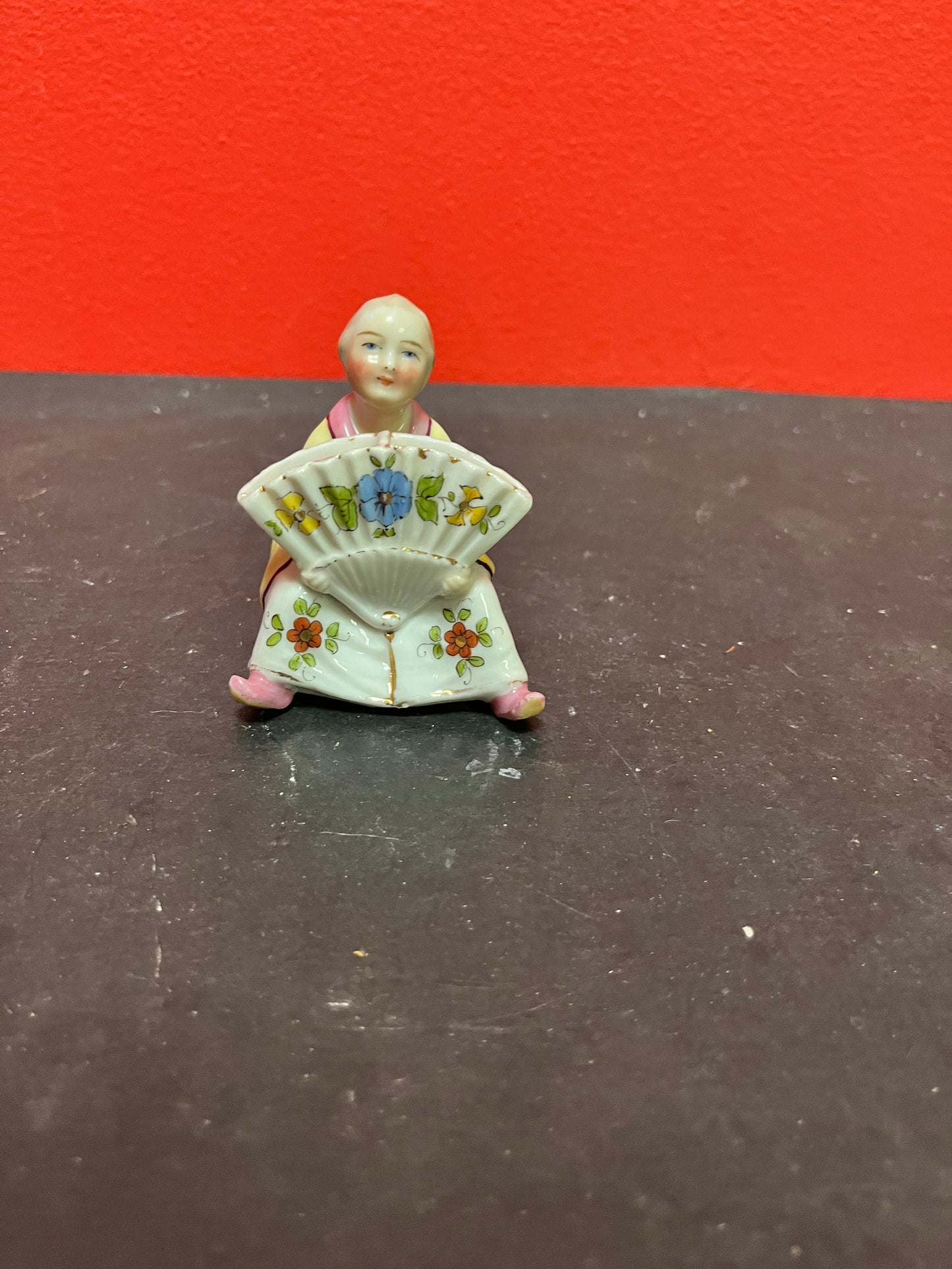 3 inch high, German meissen style statue of a Chinese woman toothpick holder  great condition