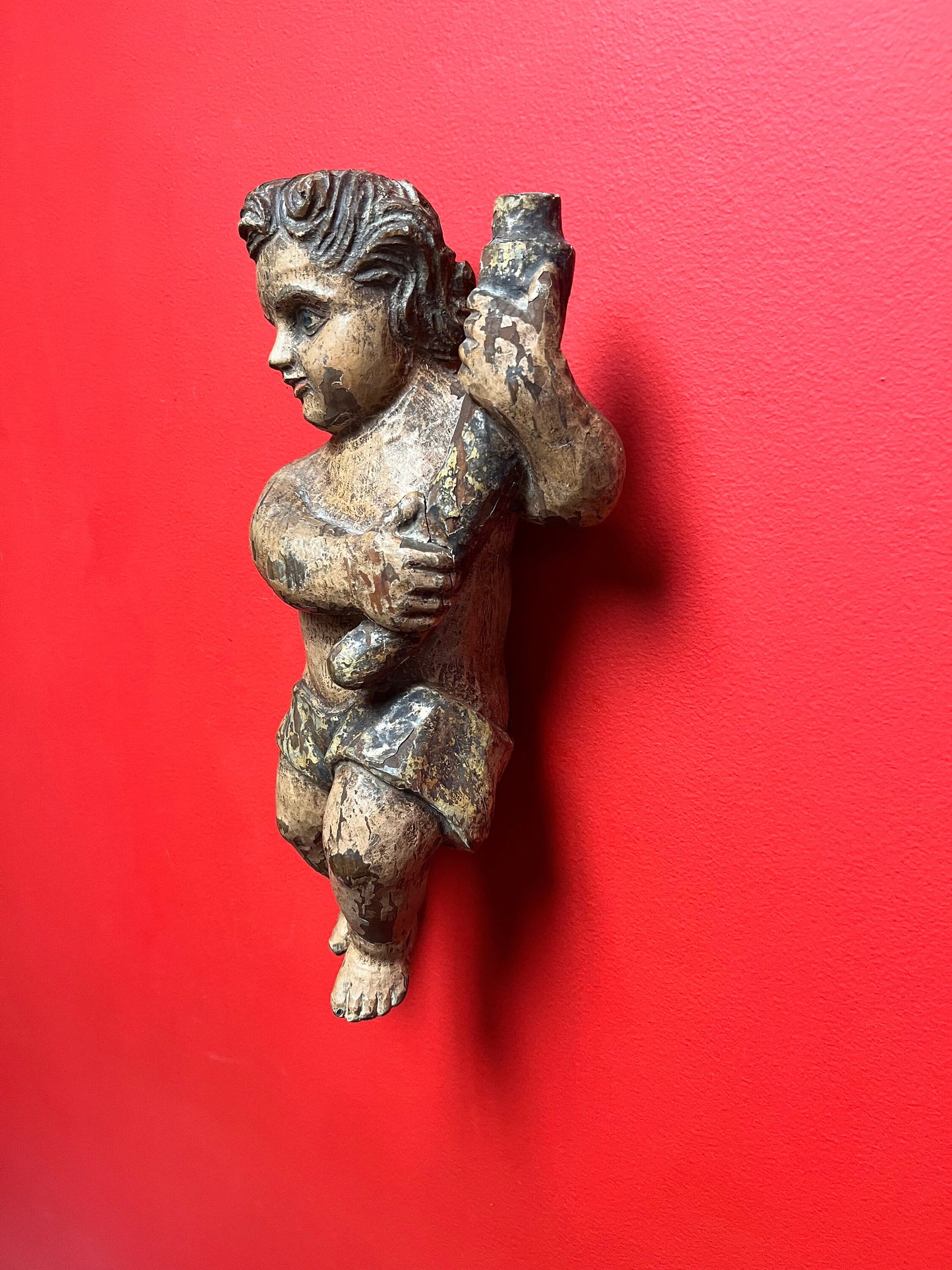 magnificent 14 inch tall late 19 century Spanish polychrome cherub plaque  wonderful provenance on back  exquisite patina