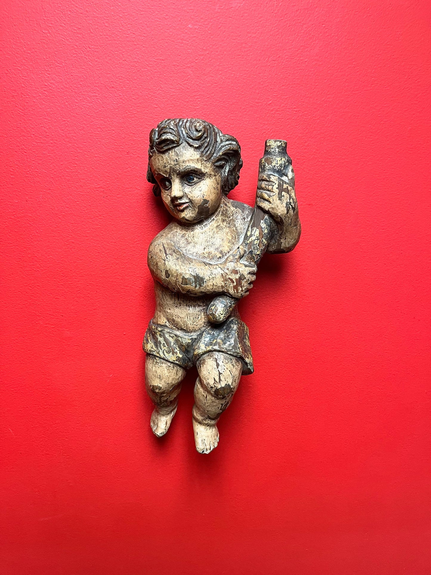 magnificent 14 inch tall late 19 century Spanish polychrome cherub plaque  wonderful provenance on back  exquisite patina