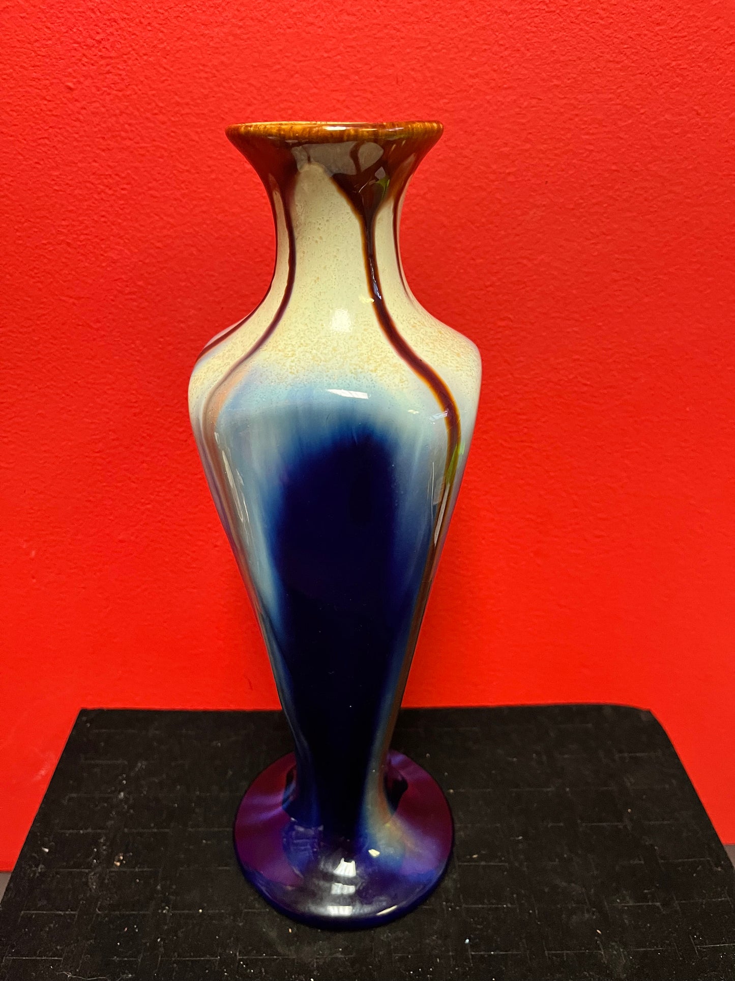 Gorgeous 12 inch old  Belgium arts and crafts drip glaze vase  fabulous look and quality  perfect condition  wow