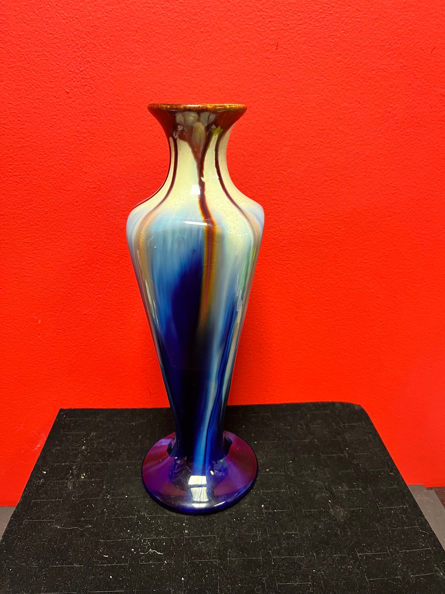 Gorgeous 12 inch old  Belgium arts and crafts drip glaze vase  fabulous look and quality  perfect condition  wow