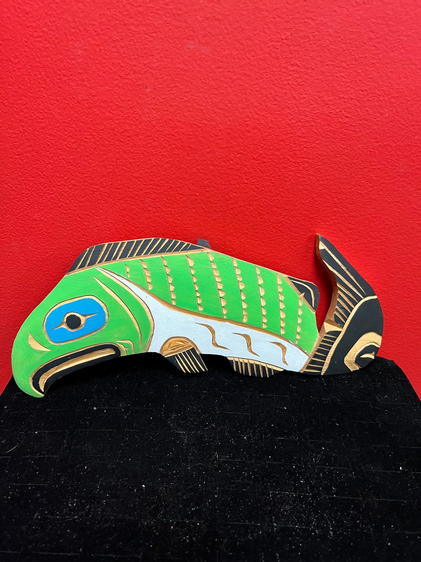 12 inch signed indigenous first nations northwest coast painted salmon  lovely colour and detail  ready to hang