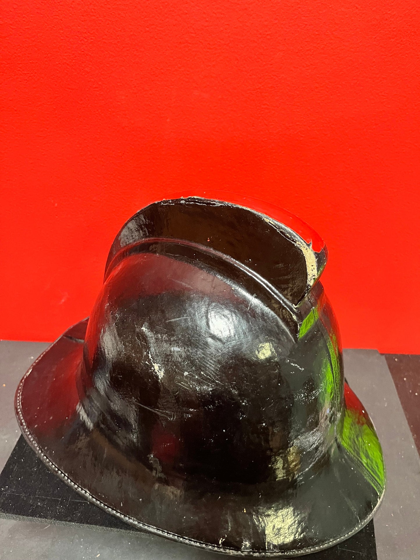 Stunning  antique 15 x 11 English fireman helmet in fabulous condition  approximate 9 by 7  inside measurements  original strap - wow