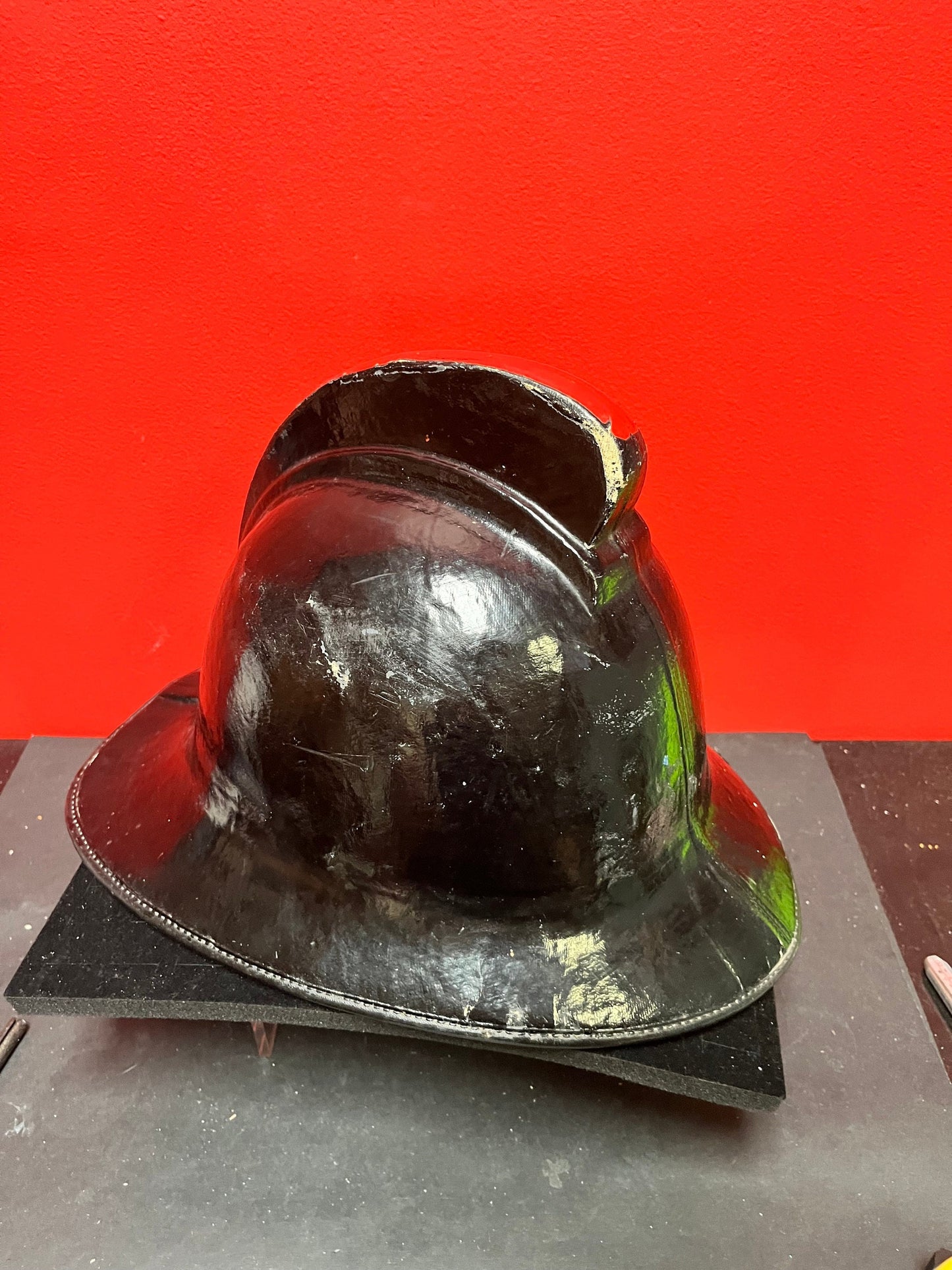 Stunning  antique 15 x 11 English fireman helmet in fabulous condition  approximate 9 by 7  inside measurements  original strap - wow