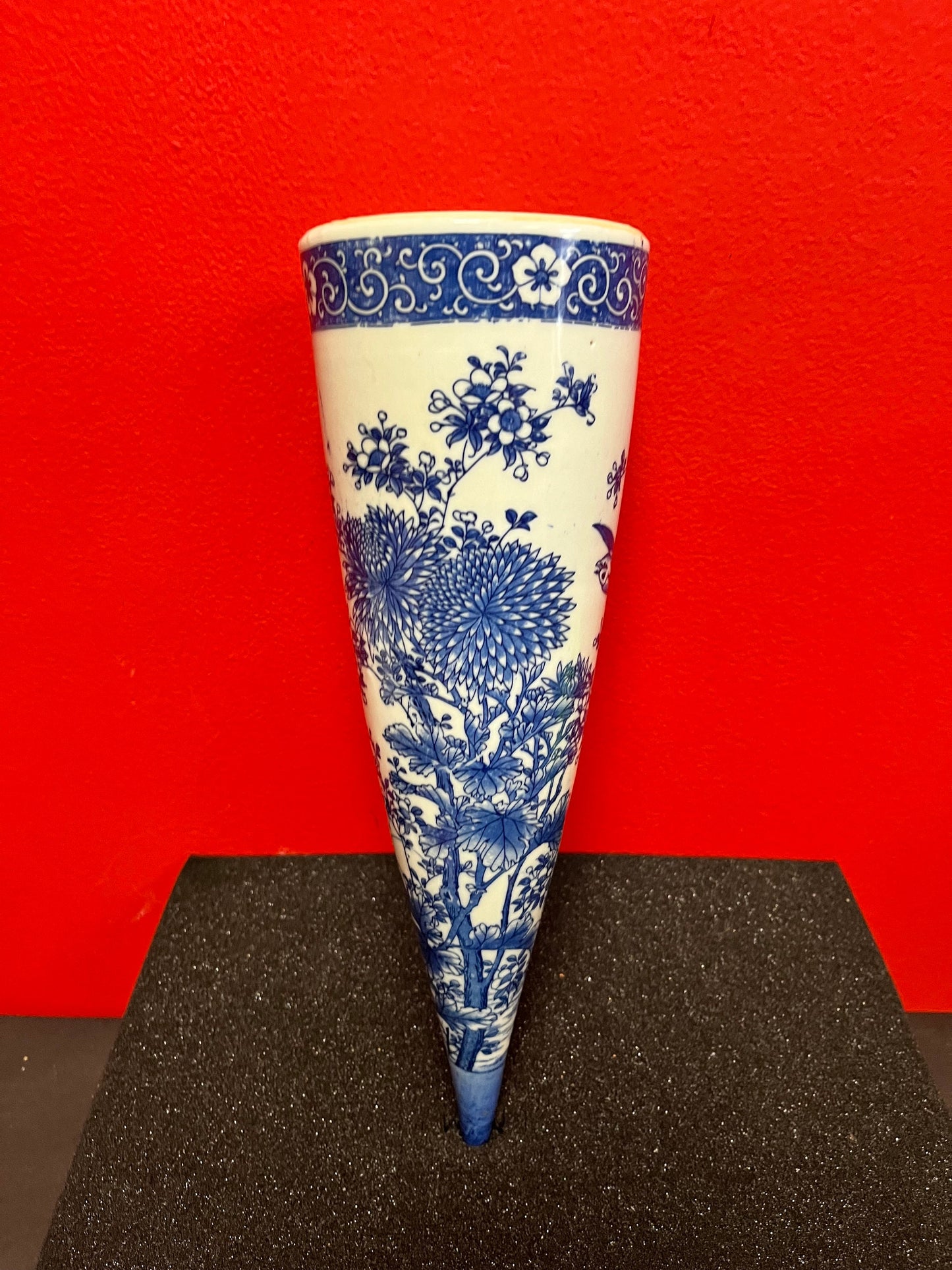 13 inch tall, antique Chinese, beautiful blue and white wall hanging vase with a crack