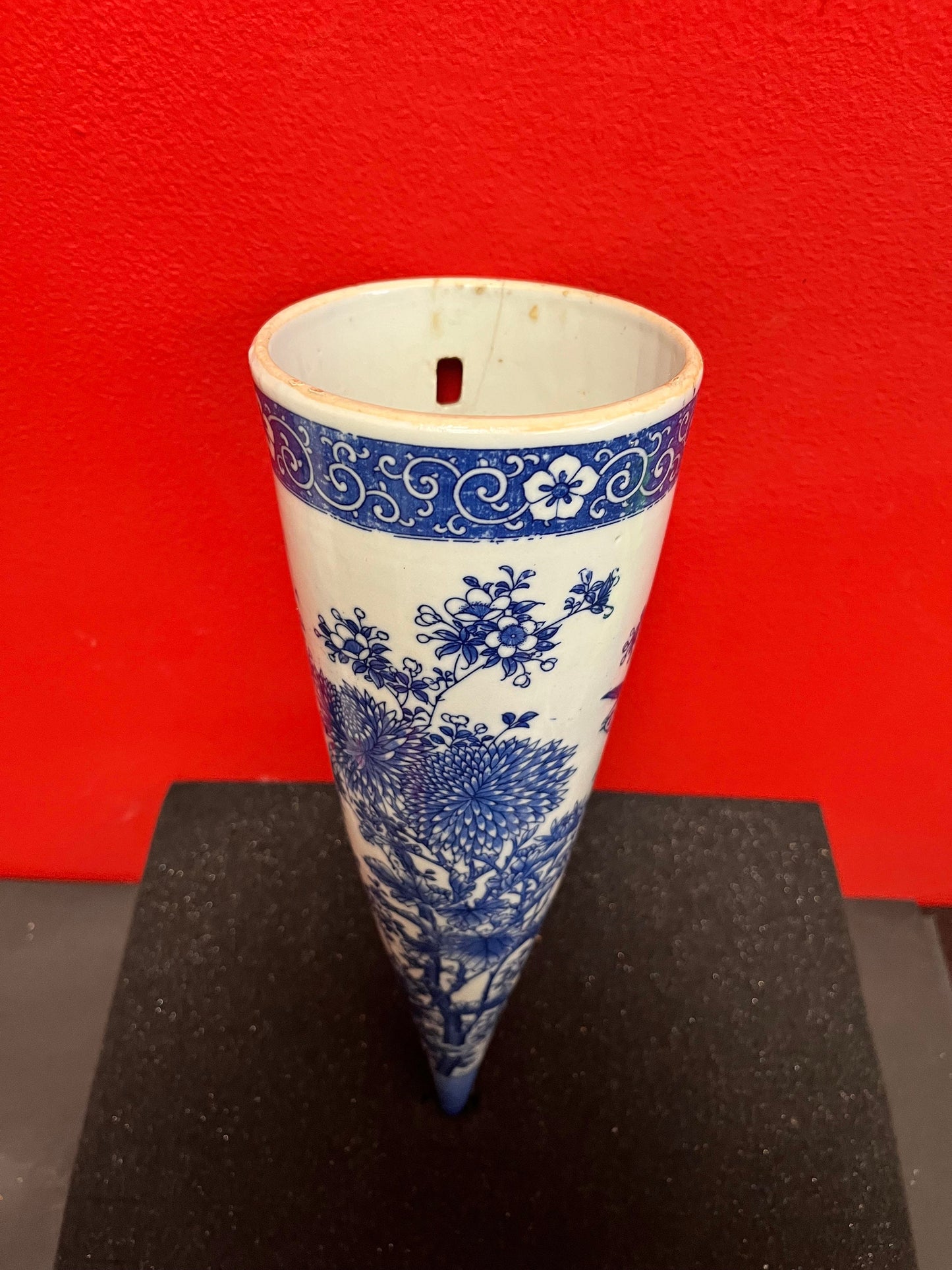 13 inch tall, antique Chinese, beautiful blue and white wall hanging vase with a crack