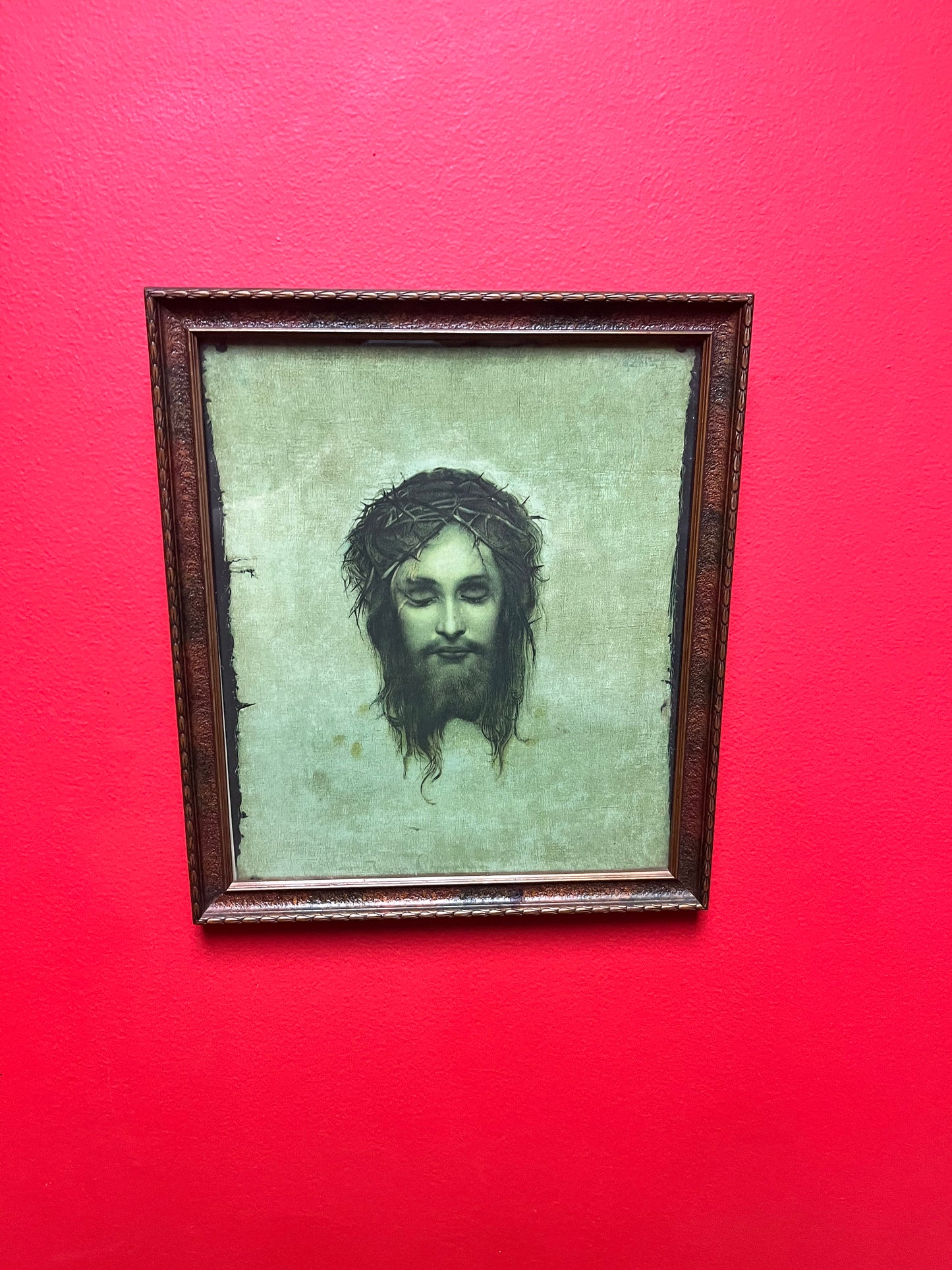 Framed 11 x 10 picture of Jesus with information on back   little loose  very cool