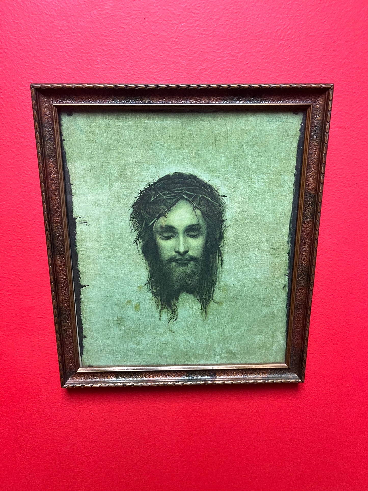 Framed 11 x 10 picture of Jesus with information on back   little loose  very cool