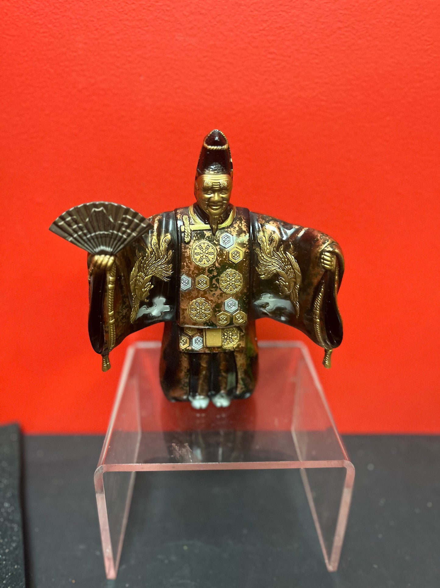 Fabulous 8 inch old Japanese gilded bronze statue of a fancy man holding a fan   exquisite patina and quality- heavy