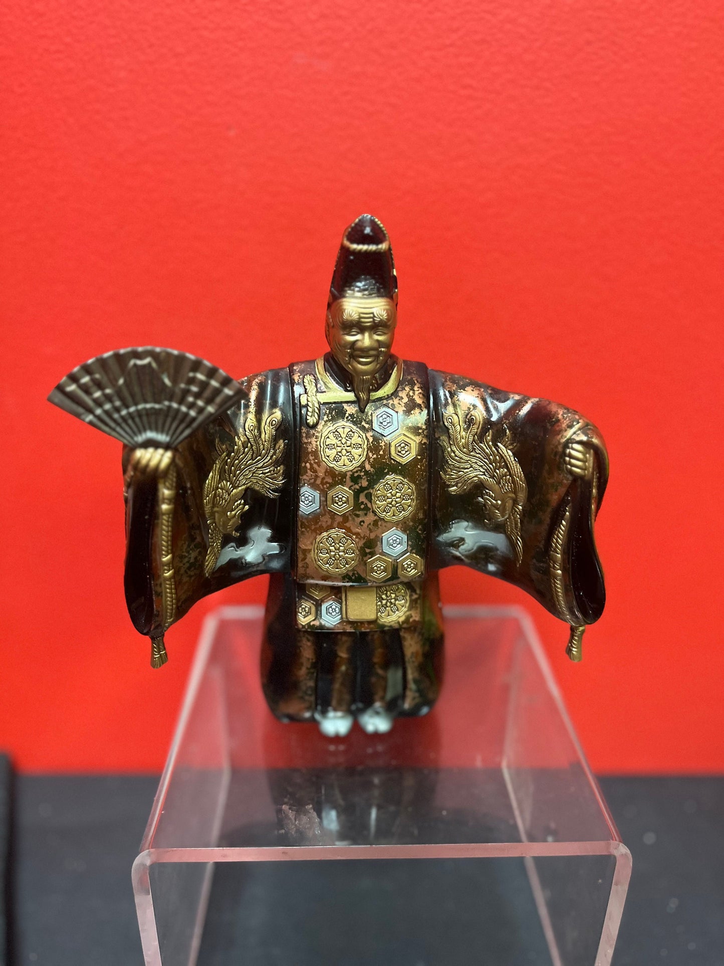 Fabulous 8 inch old Japanese gilded bronze statue of a fancy man holding a fan   exquisite patina and quality- heavy