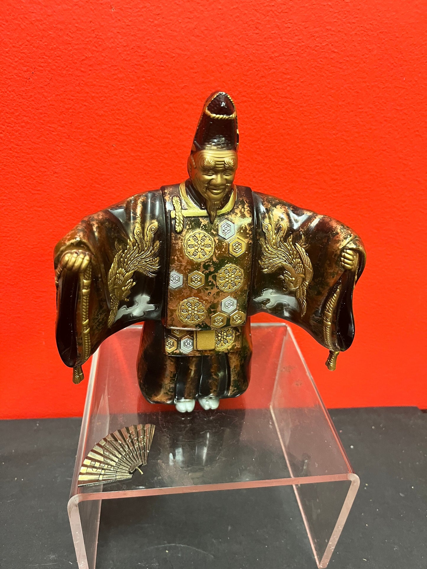 Fabulous 8 inch old Japanese gilded bronze statue of a fancy man holding a fan   exquisite patina and quality- heavy