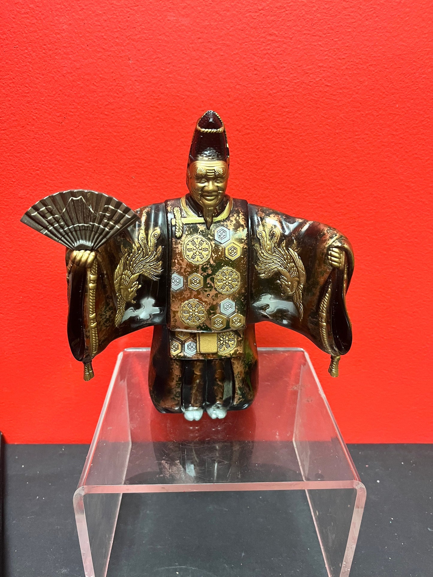 Fabulous 8 inch old Japanese gilded bronze statue of a fancy man holding a fan   exquisite patina and quality- heavy