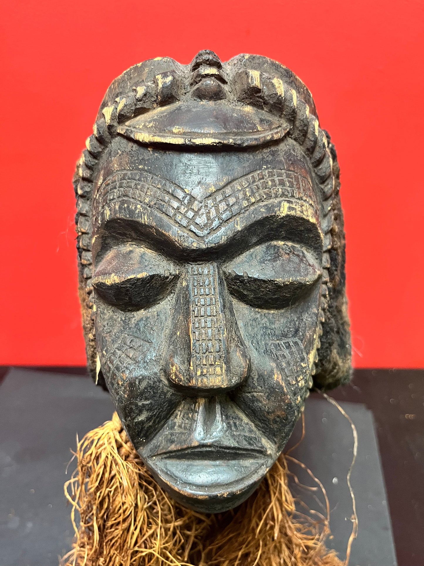 A   Stunning 19 inch high rare African late 19 century ceremonial mask with stand  good condition for age - museum quality