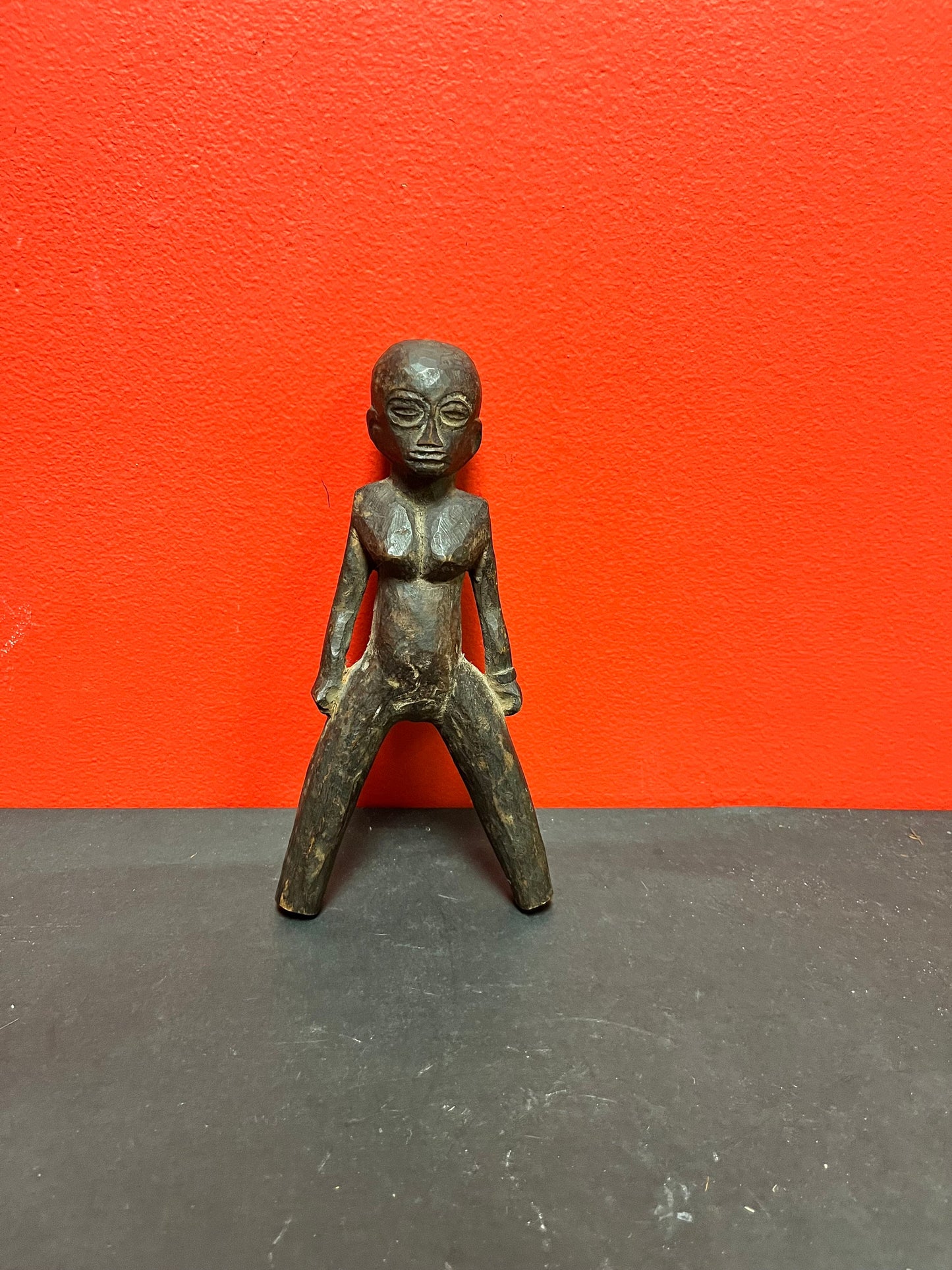 African antique 9 inch lovely wooden statue needs assistance to stand  great patina   good value