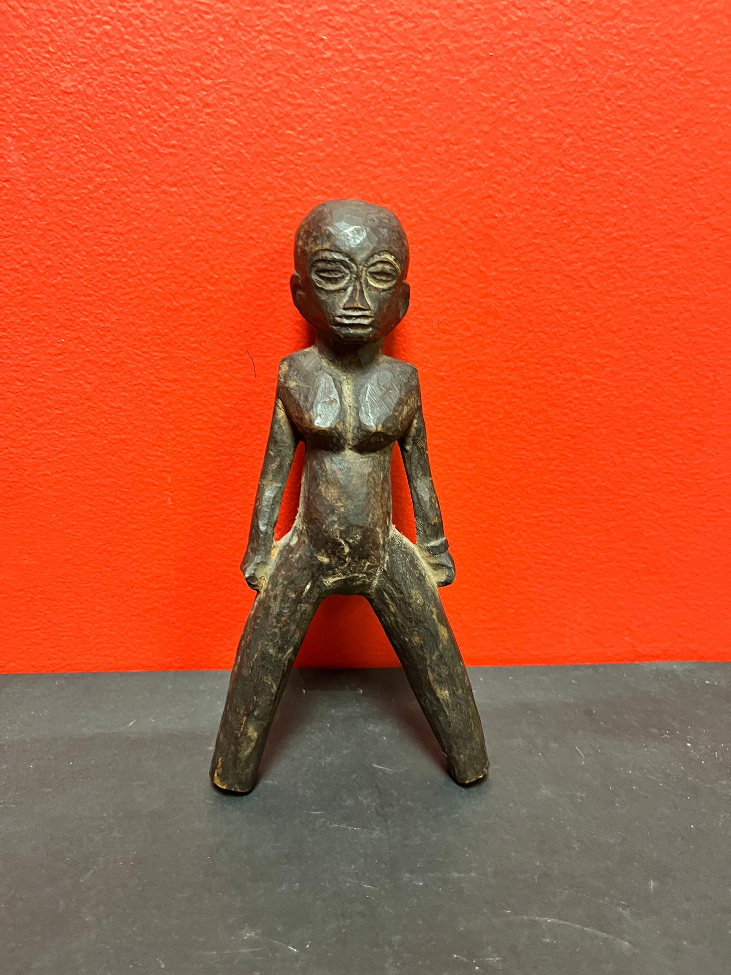 African antique 9 inch lovely wooden statue needs assistance to stand  great patina   good value