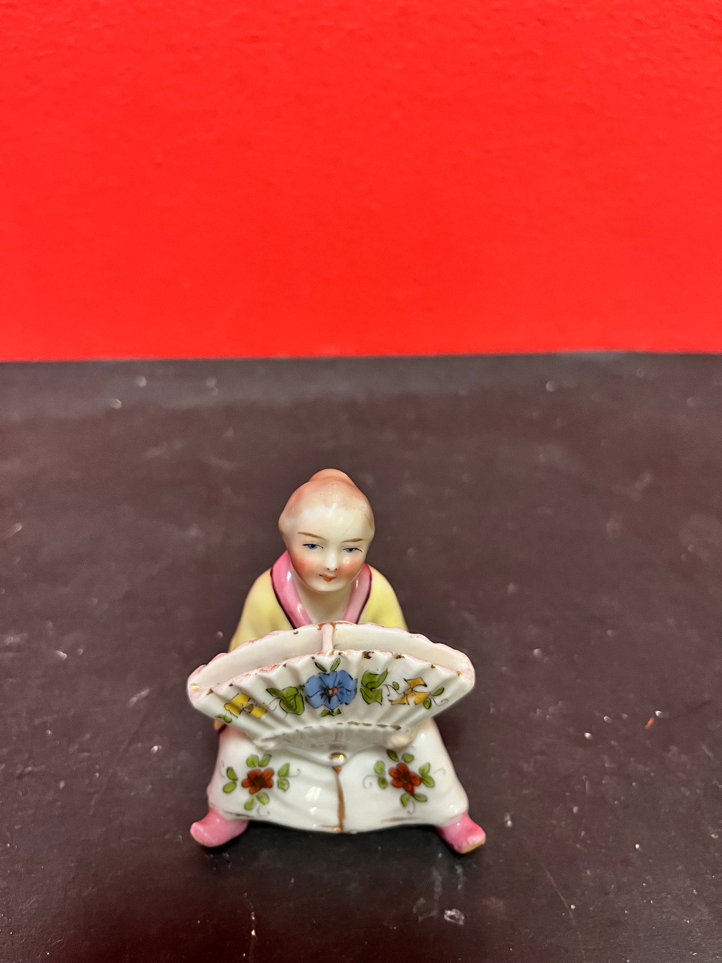 3 inch high, German meissen style statue of a Chinese woman toothpick holder  great condition