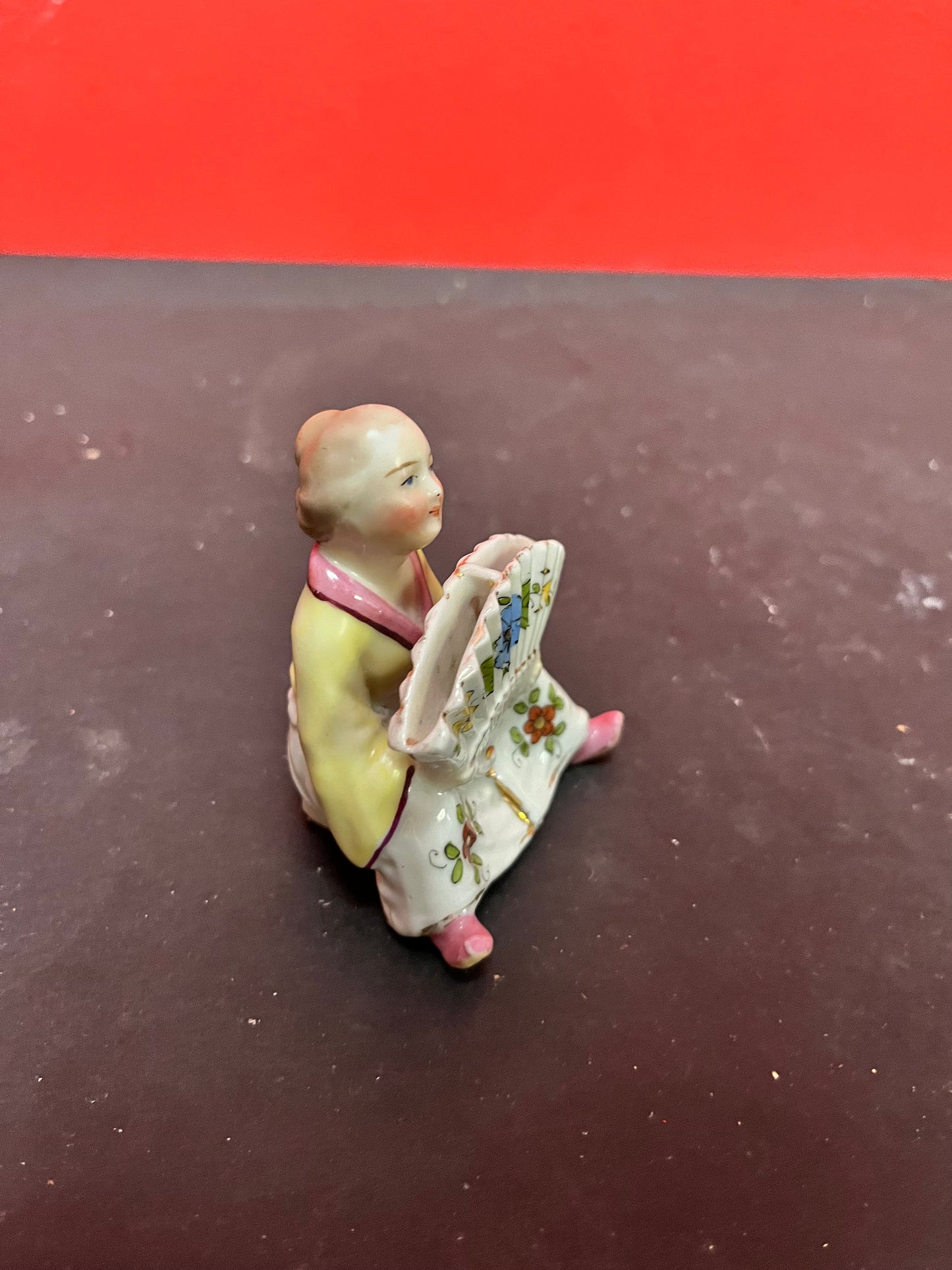 3 inch high, German meissen style statue of a Chinese woman toothpick holder  great condition