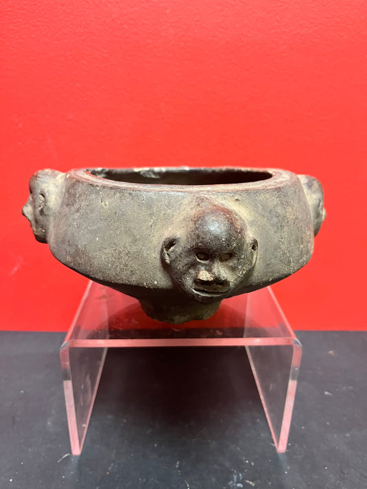 6 x 6  inch rare museum quality 19th century or earlier African pottery bowl with monkey heads as ancient artifact minor damage due to age