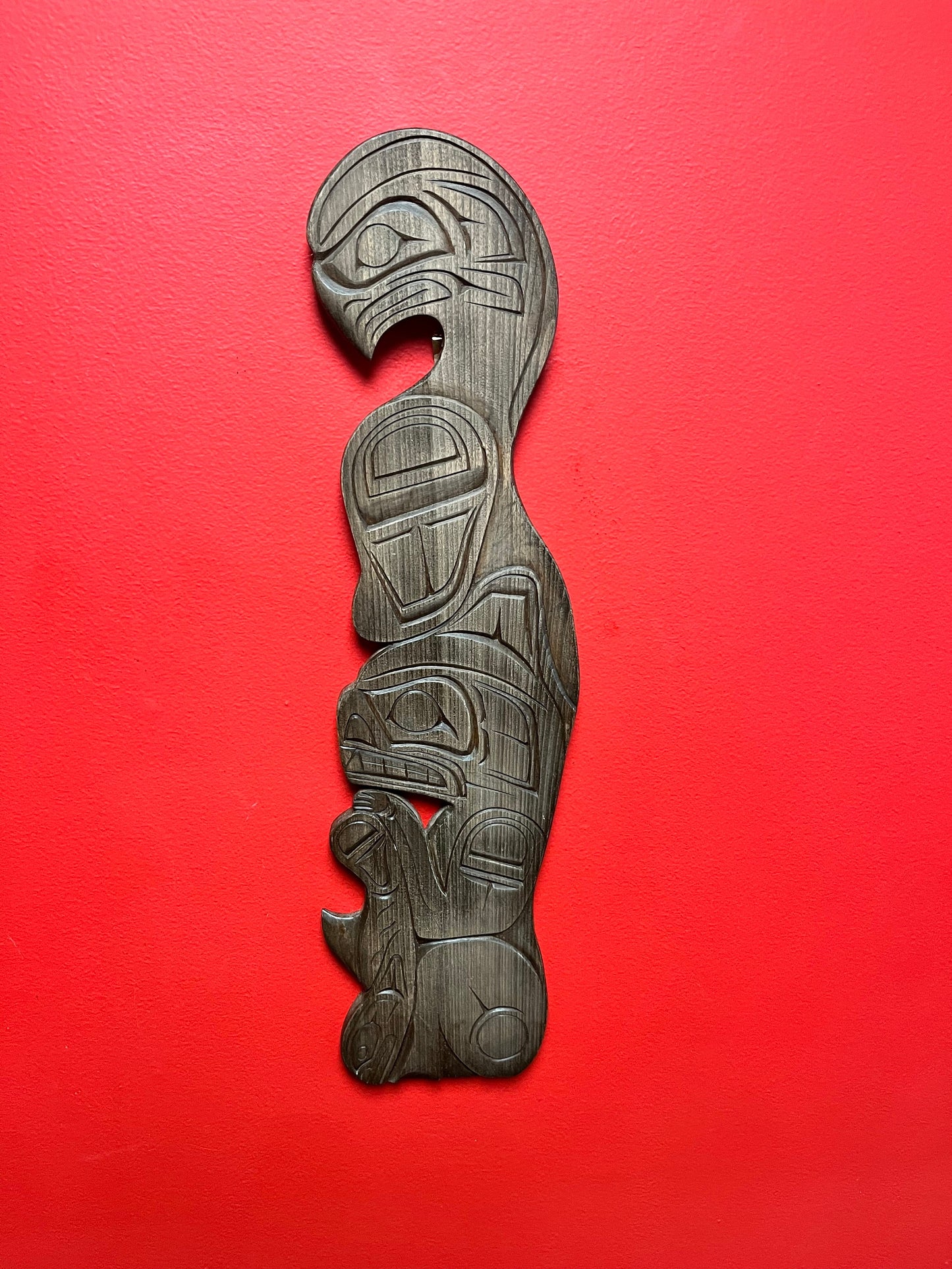 Signed 21 x 5 inch Wide indigenous first nations Pacific Northwest coast plaque of an eagle bear and fish