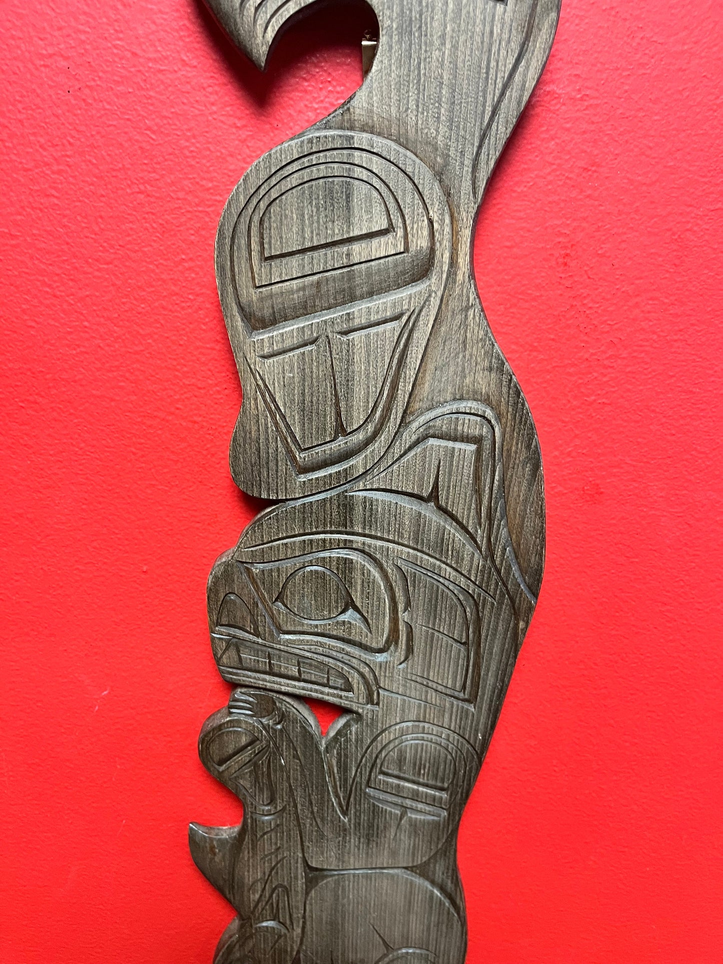 Signed 21 x 5 inch Wide indigenous first nations Pacific Northwest coast plaque of an eagle bear and fish