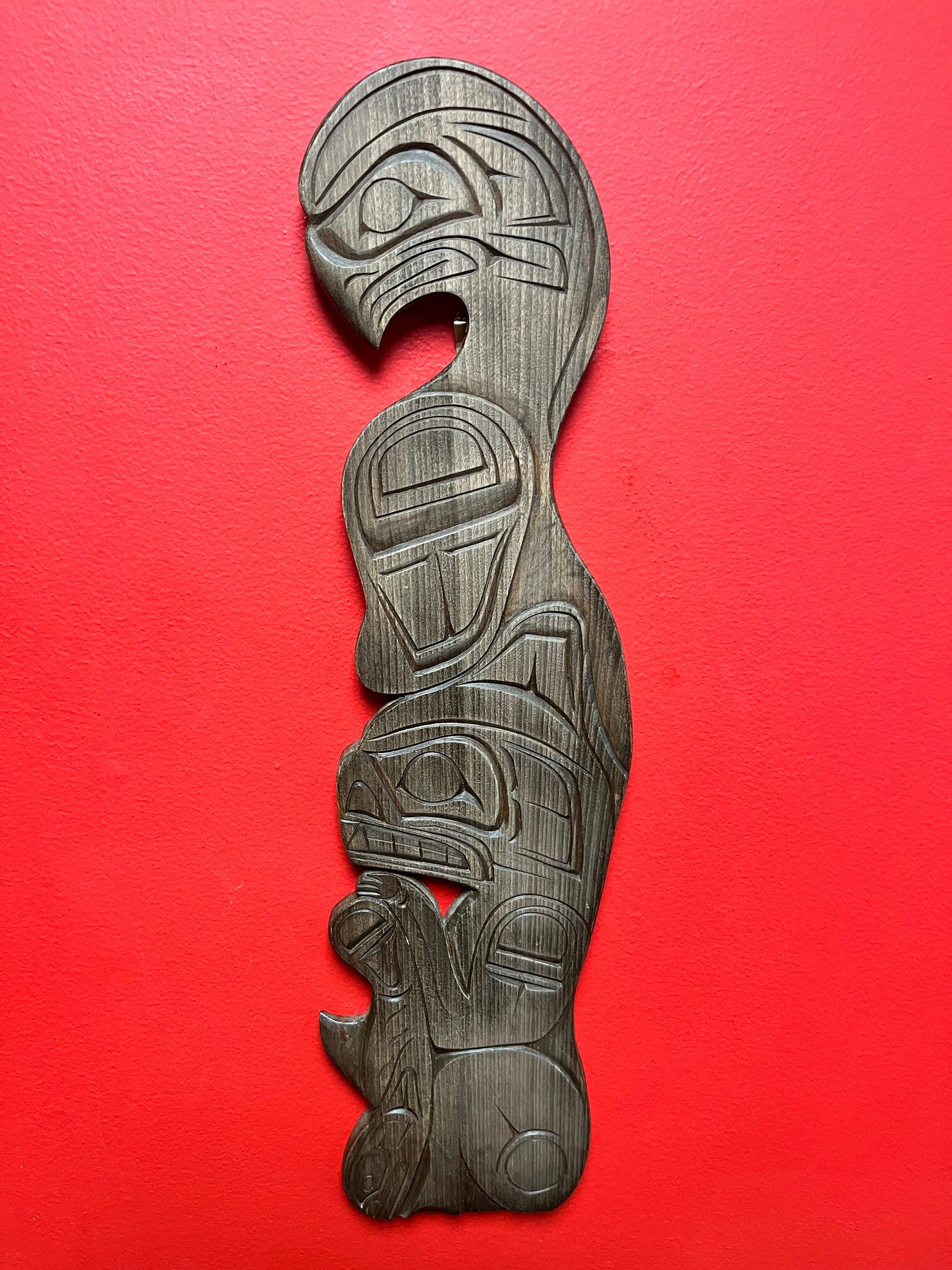 Signed 21 x 5 inch Wide indigenous first nations Pacific Northwest coast plaque of an eagle bear and fish