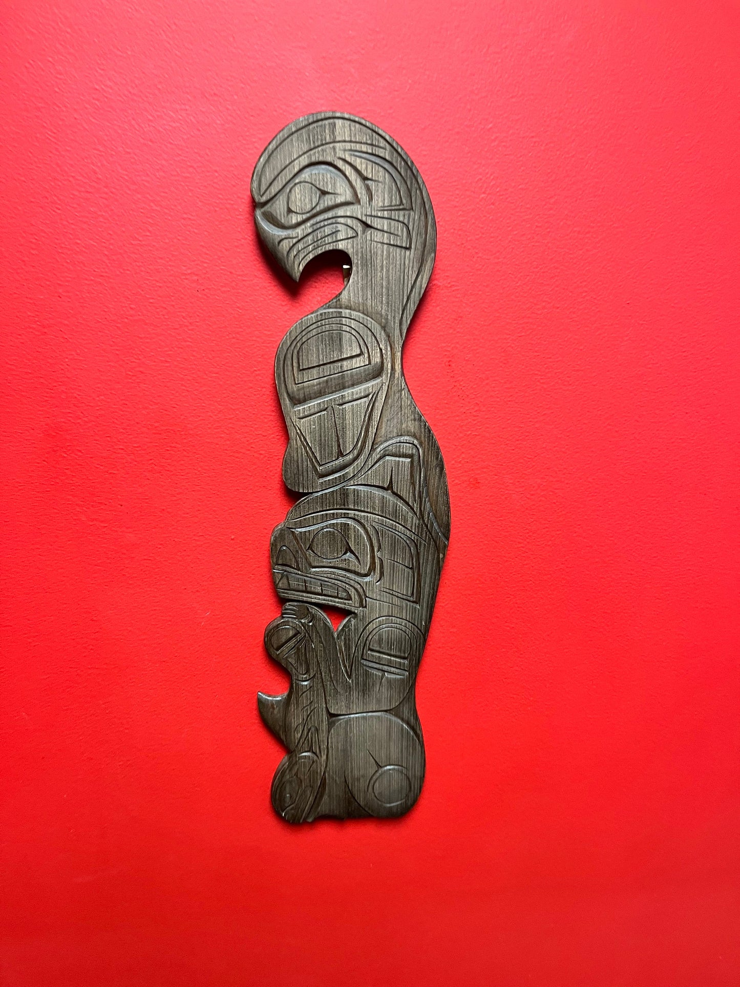 Signed 21 x 5 inch Wide indigenous first nations Pacific Northwest coast plaque of an eagle bear and fish