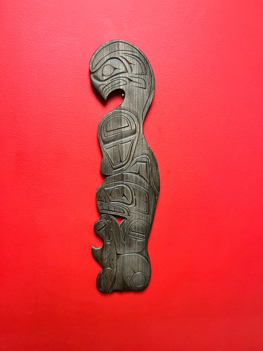 Signed 21 x 5 inch Wide indigenous first nations Pacific Northwest coast plaque of an eagle bear and fish