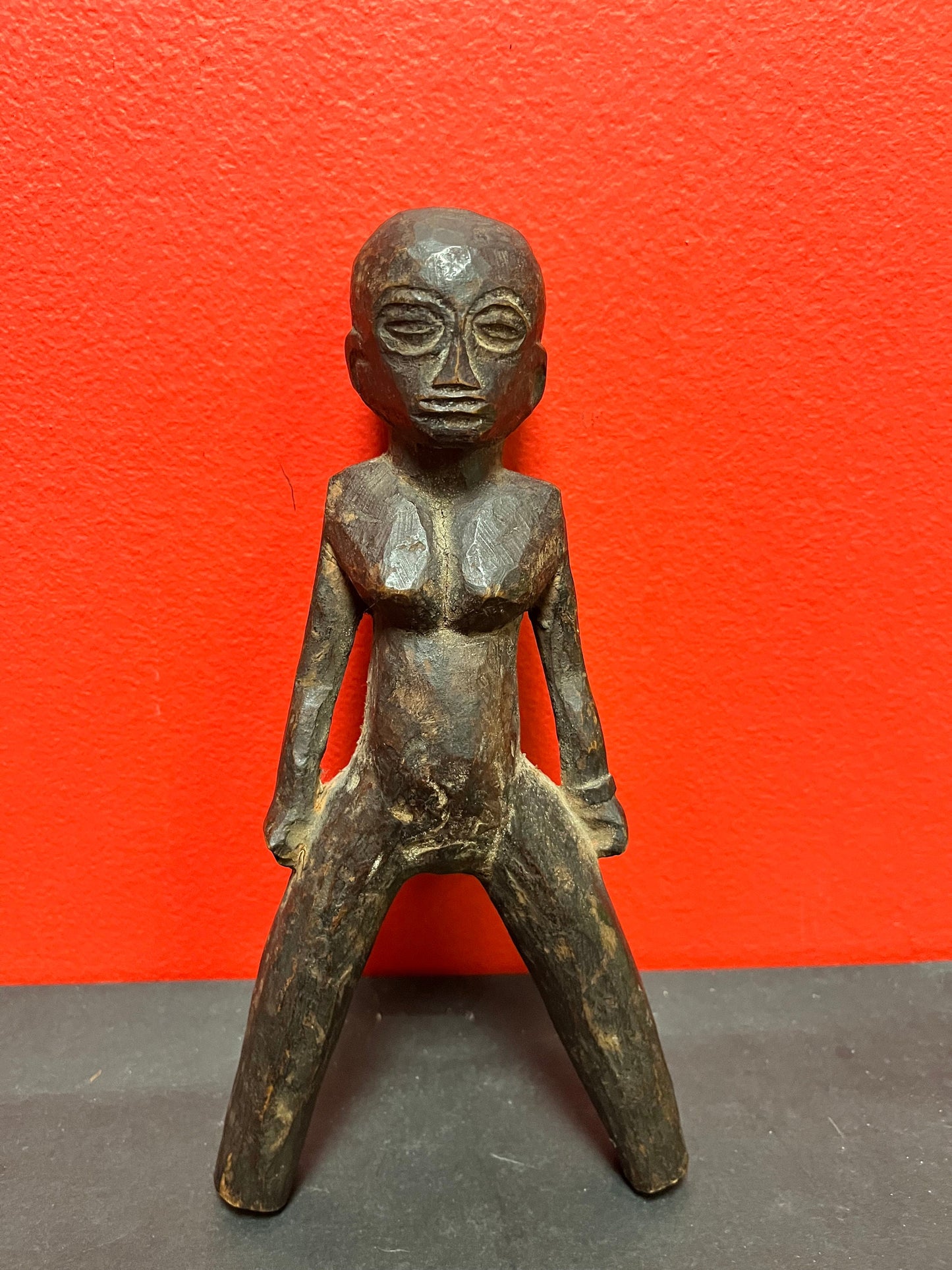 African antique 9 inch lovely wooden statue needs assistance to stand  great patina   good value