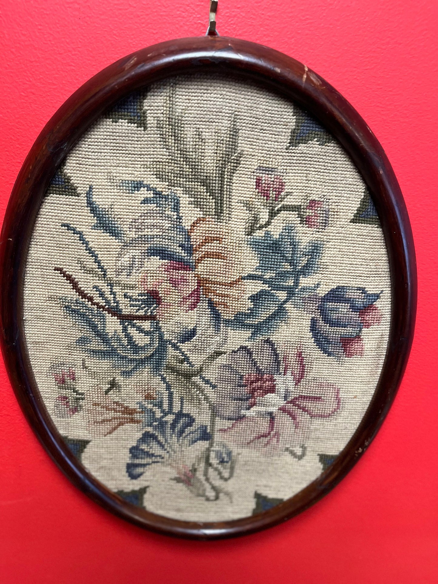 A  Stunning early 19 century 19 x 16 inch needlepoint picture of flowers in mahogany frame gorgeous piece  and great condition