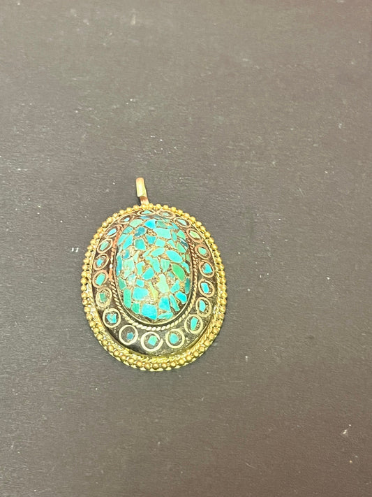 Lovely 3 inch gilded metal and turquoise pendant -beautiful and good value