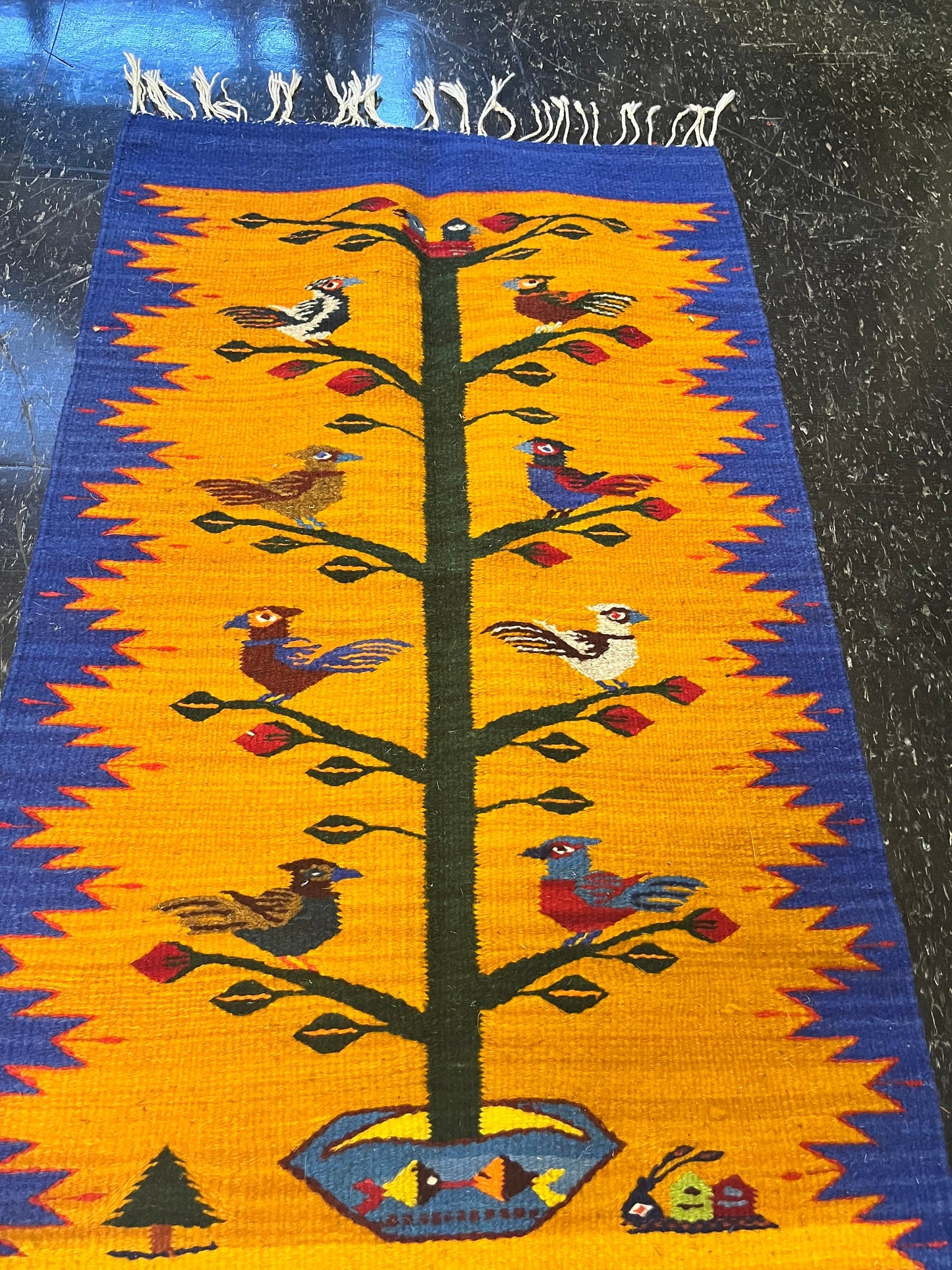 A  Lovely 42 x 22 South American wool hanging or carpet depicting birds  great quality and condition