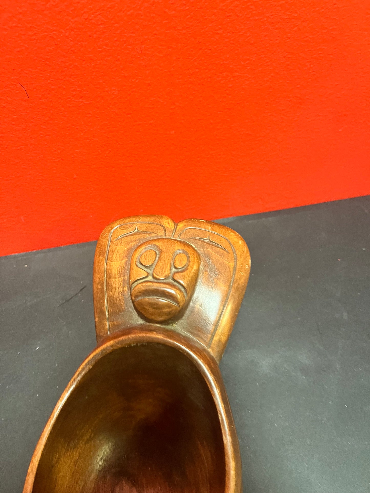 Lovely old 11 x 2 1/2 signed indigenous first nations Pacific northwest Coast  cedar feast bowl  wonderful detail and condition