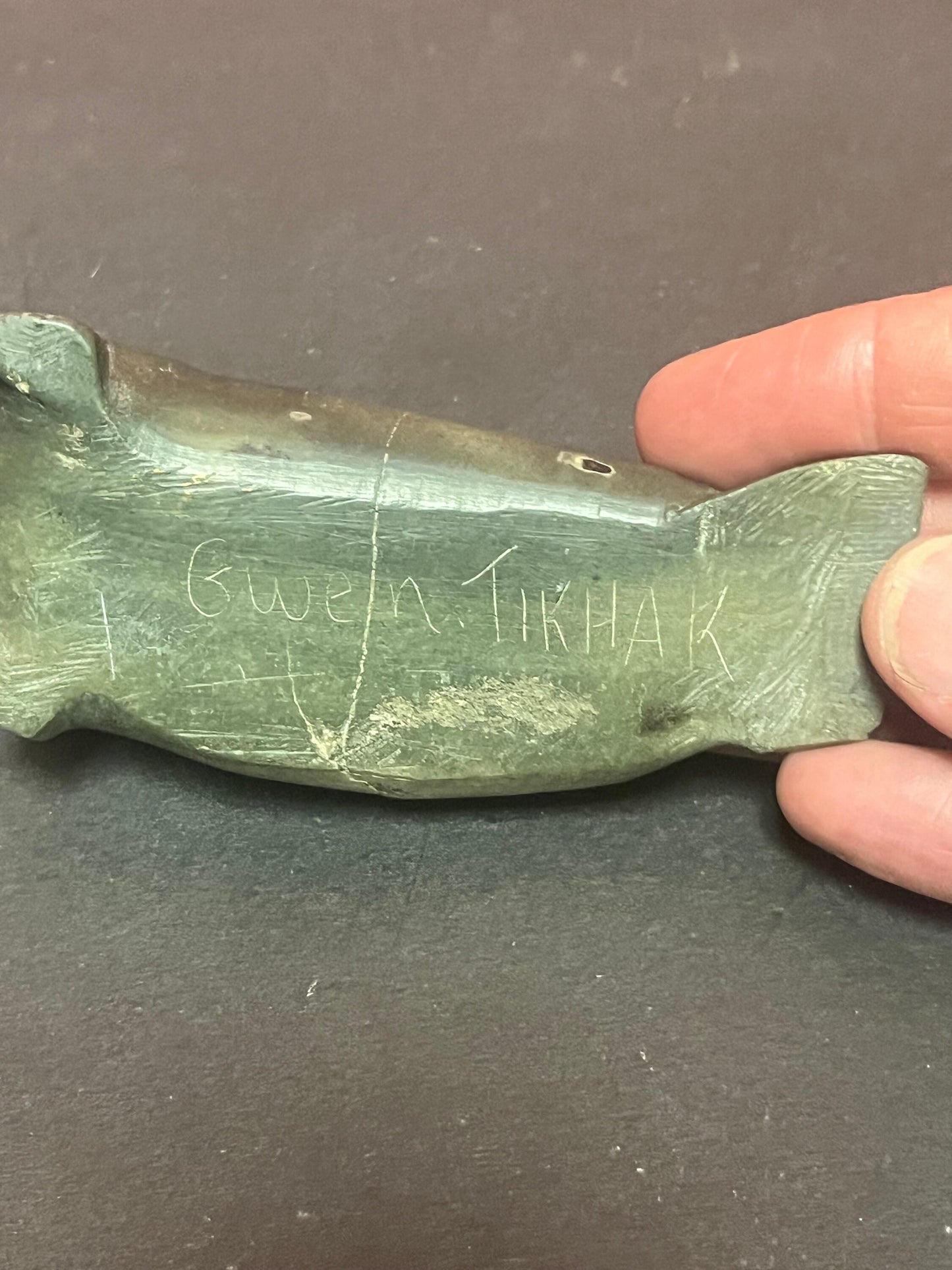 Lovely 5 inch indigenous Inuit soapstone signed seal statue