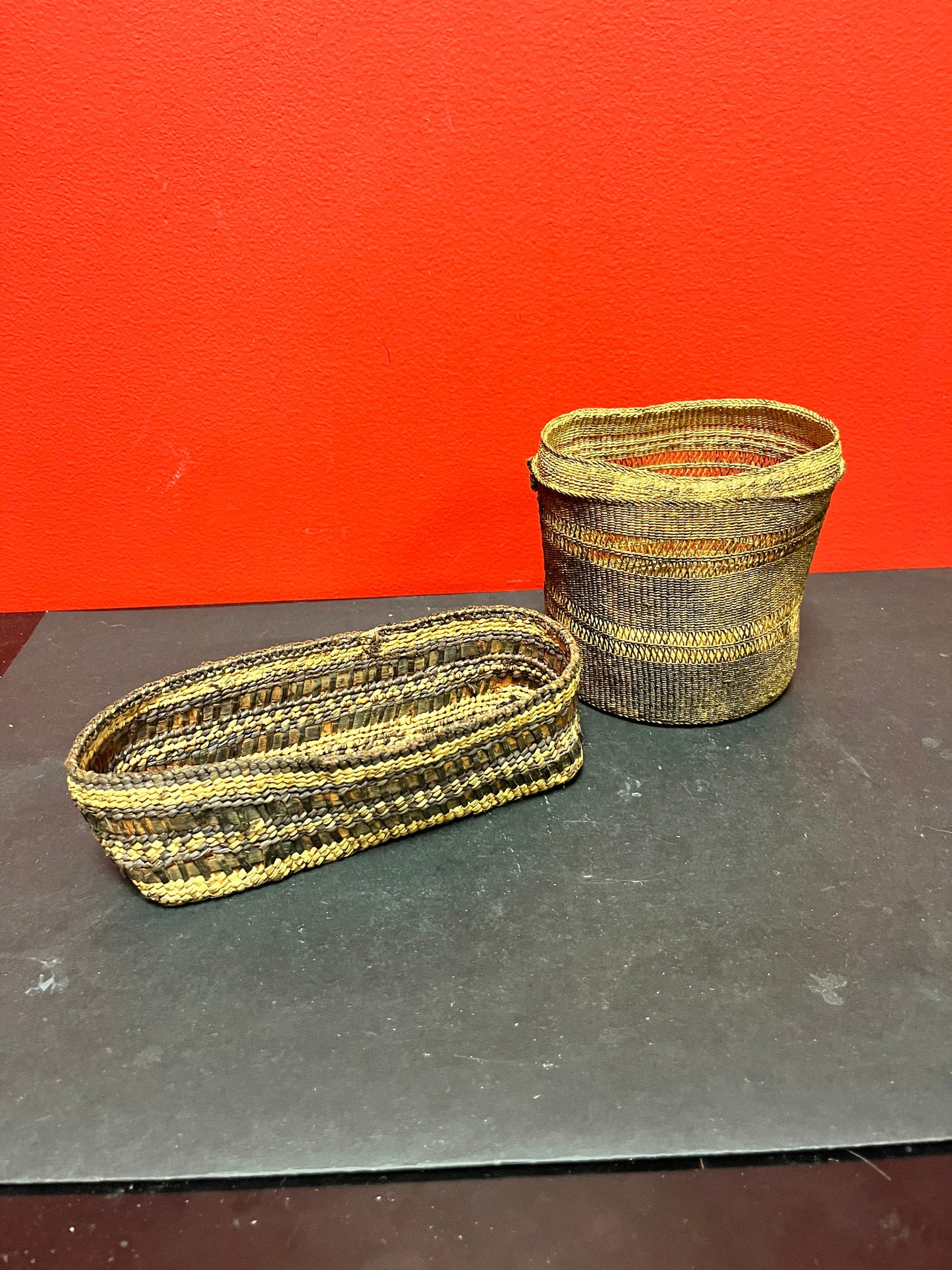 Two Canadian indigenous first nations Baskets   8 and 5 inches  as is condition, but nice decorative pieces great value