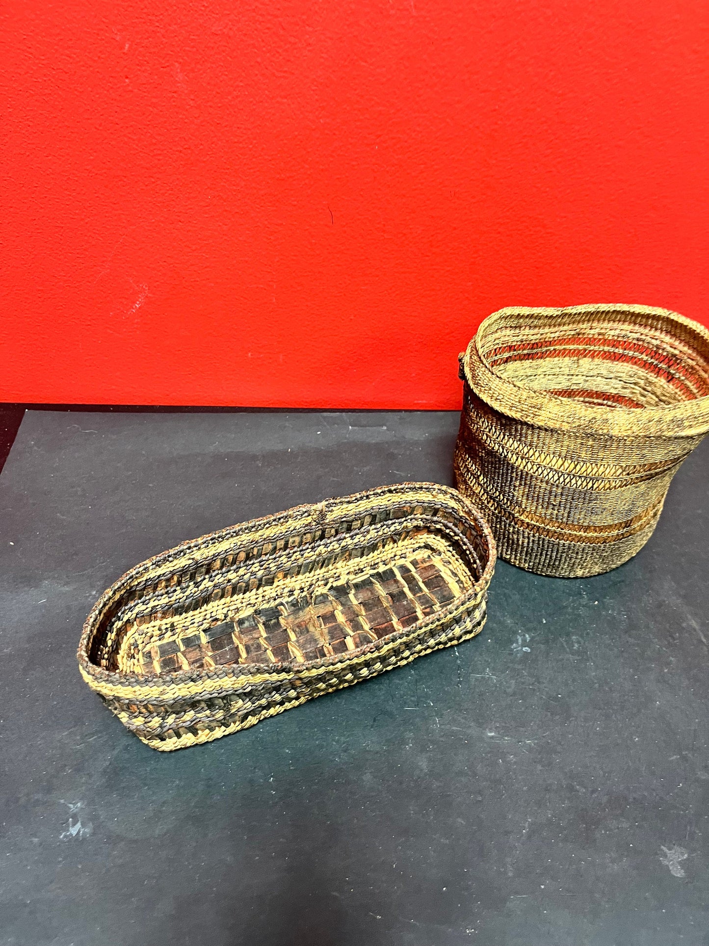 Two Canadian indigenous first nations Baskets   8 and 5 inches  as is condition, but nice decorative pieces great value