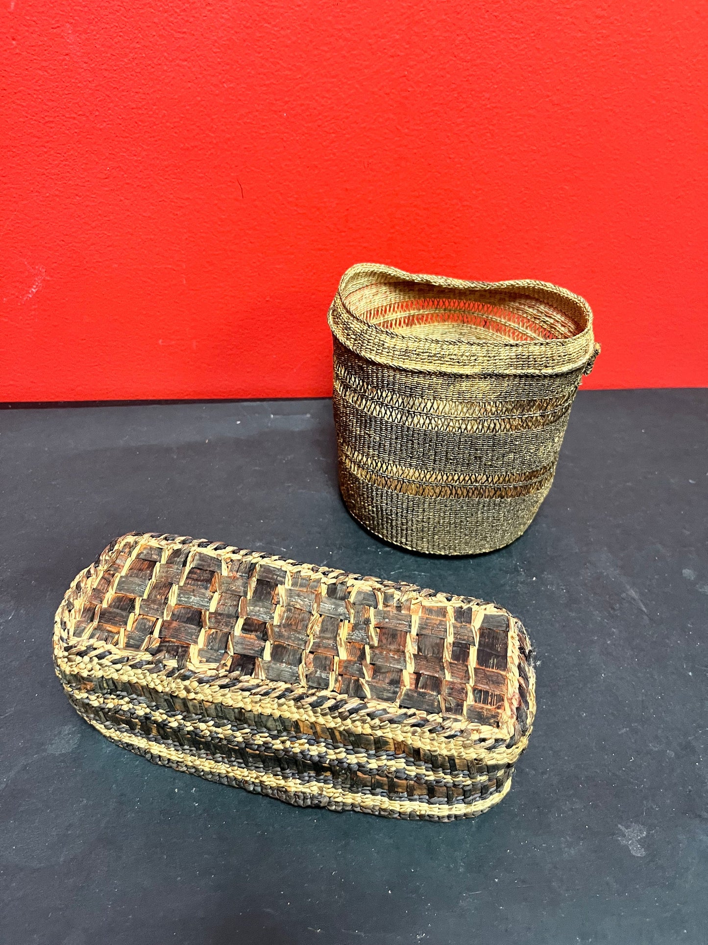 Two Canadian indigenous first nations Baskets   8 and 5 inches  as is condition, but nice decorative pieces great value