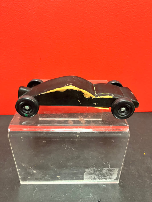 Cool little black wooden car  possibly prison made  7 inches long