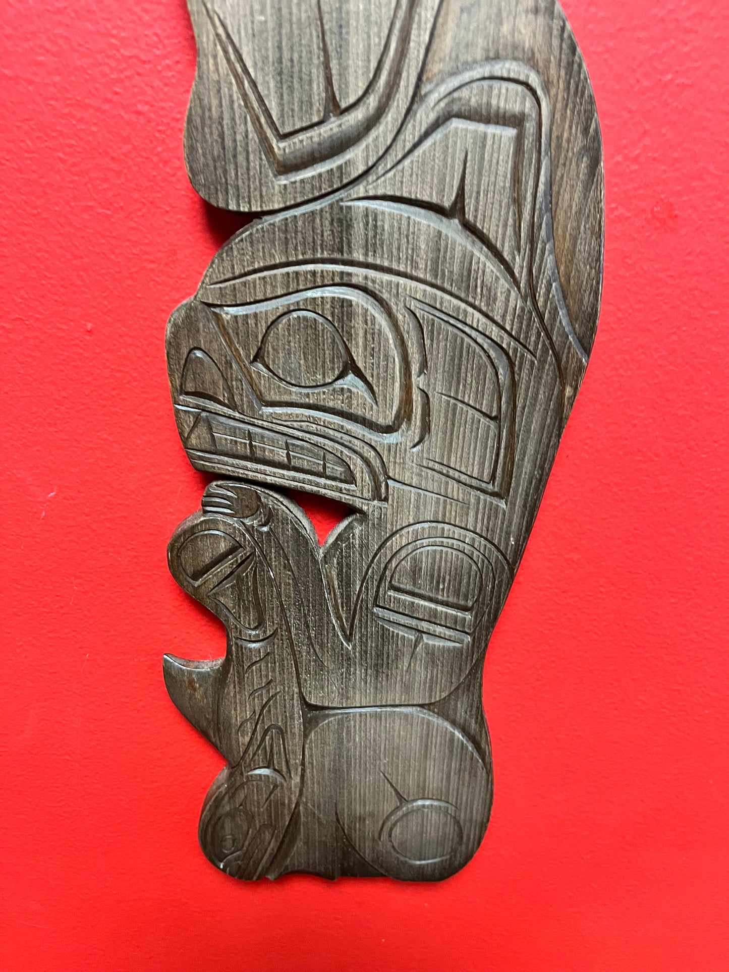 Signed 21 x 5 inch Wide indigenous first nations Pacific Northwest coast plaque of an eagle bear and fish