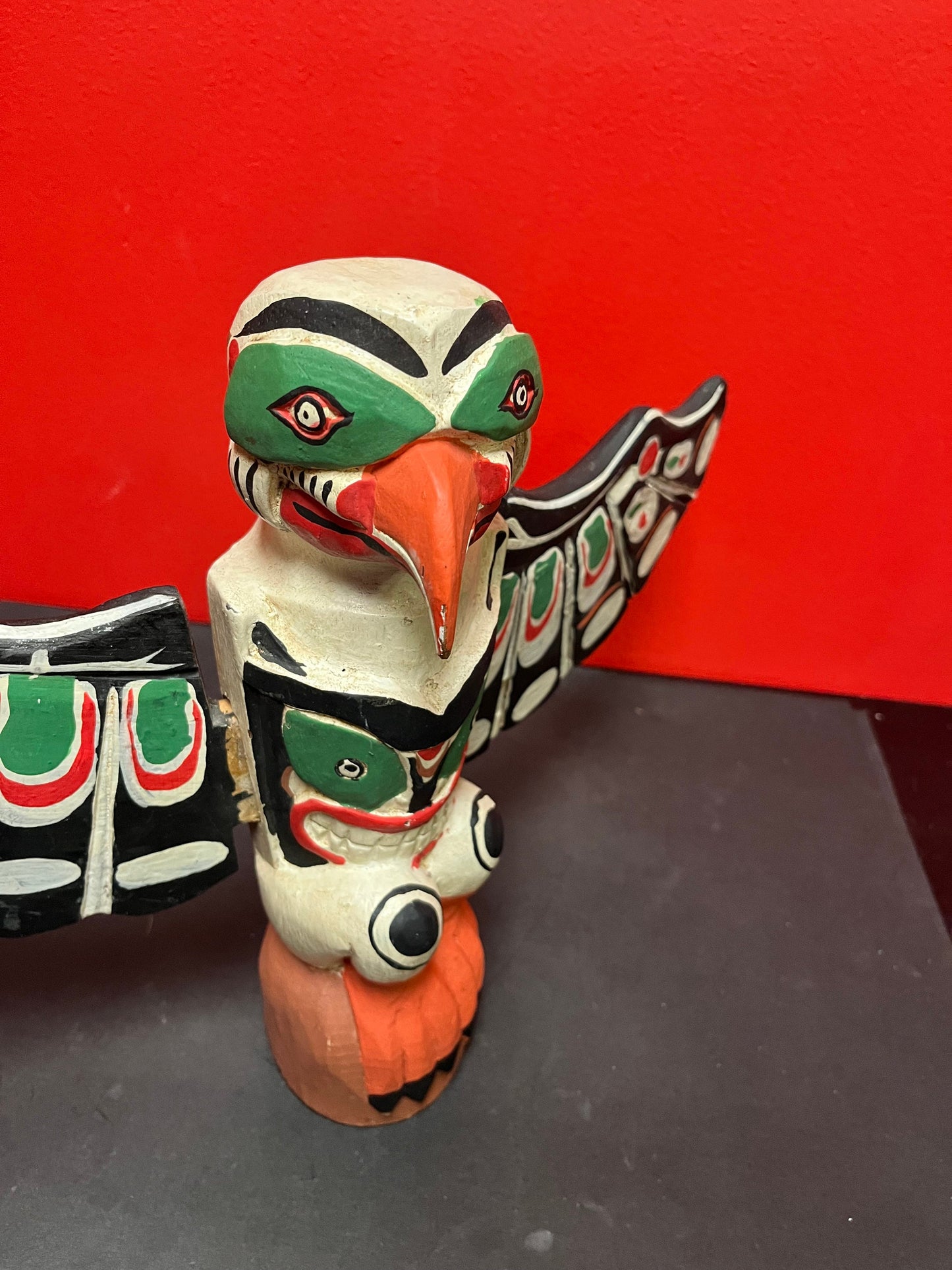 Stunning antique indigenous Pacific Northwest Coast 16 x 9“ high  painted winged, polychrome totem pole  wings come off  wow