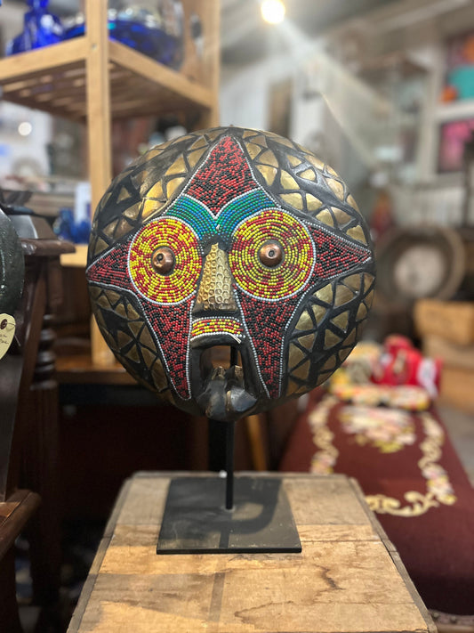 Very cool Africa Ghana beaded wooden mask  - stand not included -  hangs on the wall-/. 12 inch tall.