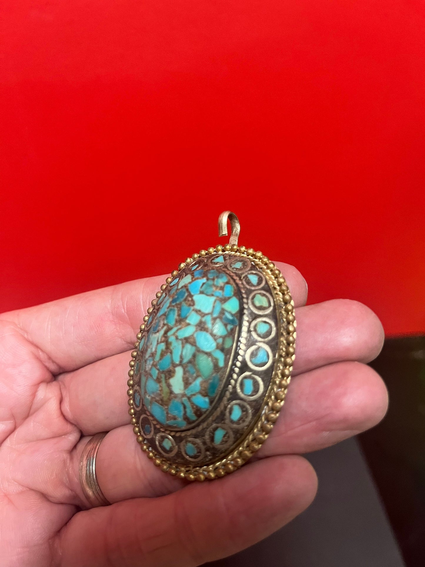 Lovely 3 inch gilded metal and turquoise pendant -beautiful and good value