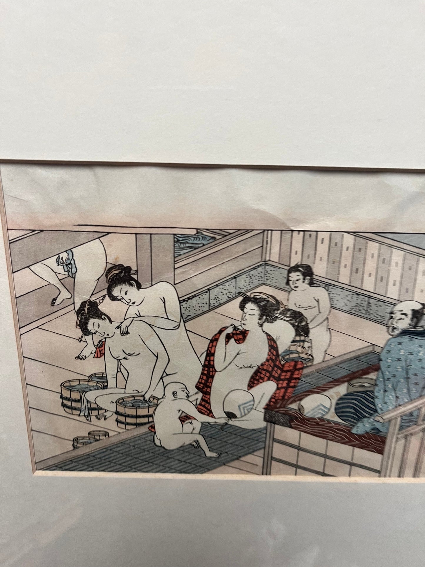 Absolutely fabulous 11 x 14 inch Japanese woodblock print of an onsen  sento Wonderful depiction and framing  high quality picture