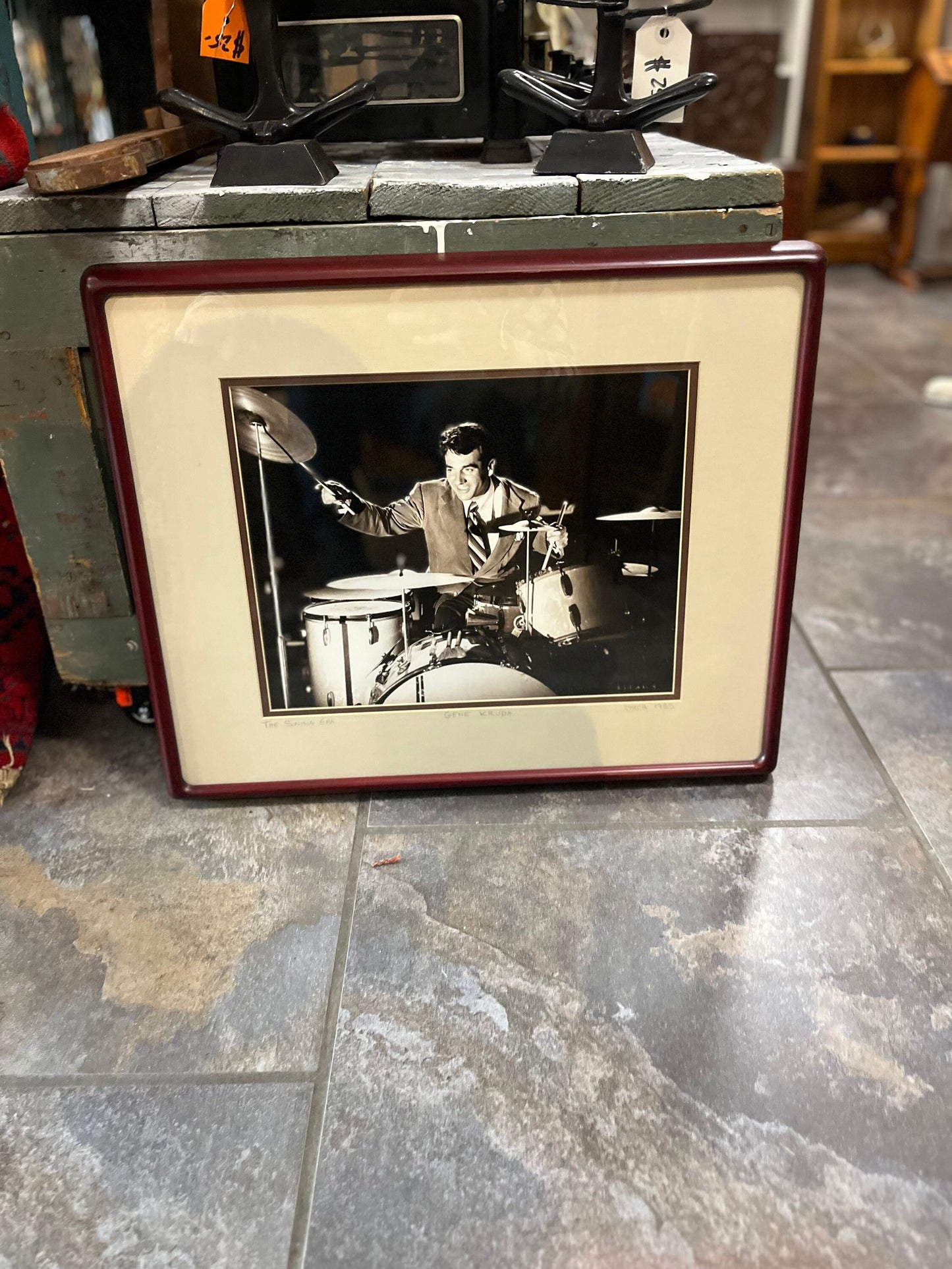 21 x 17 inch 1935 Gene Krupa photo in great wooden frame  wonderful jazz imagery  great gift  with authenticity info on back