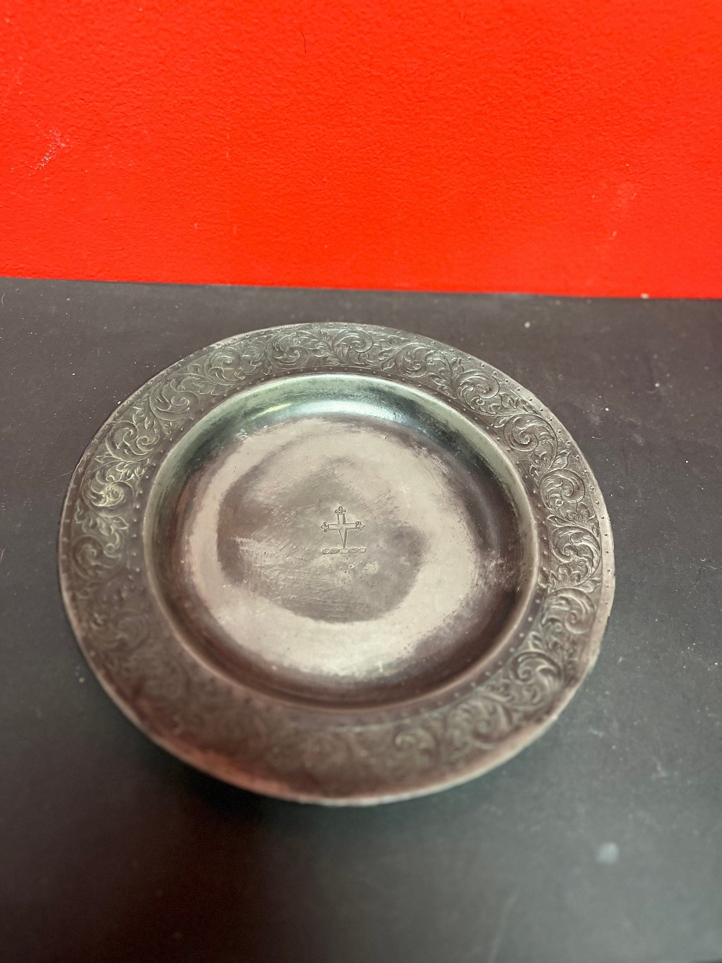 10 inch 18th century pewter  church collection change plate   so amazing patina  Rare and beautiful  religious antiquity - wow