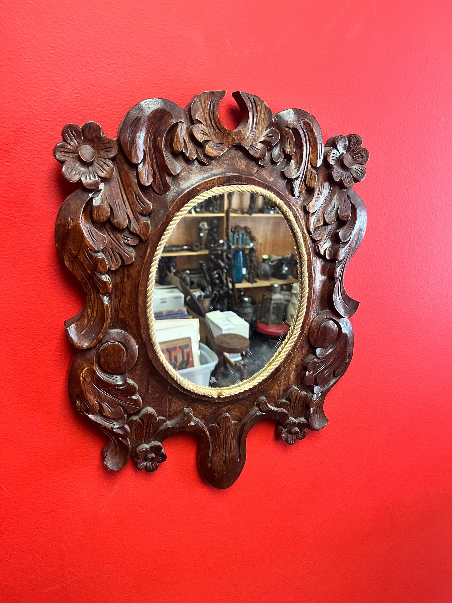 A  Beautiful 18 x 13 carved  wood mirror   heavy with great detail  antique wooden mirror