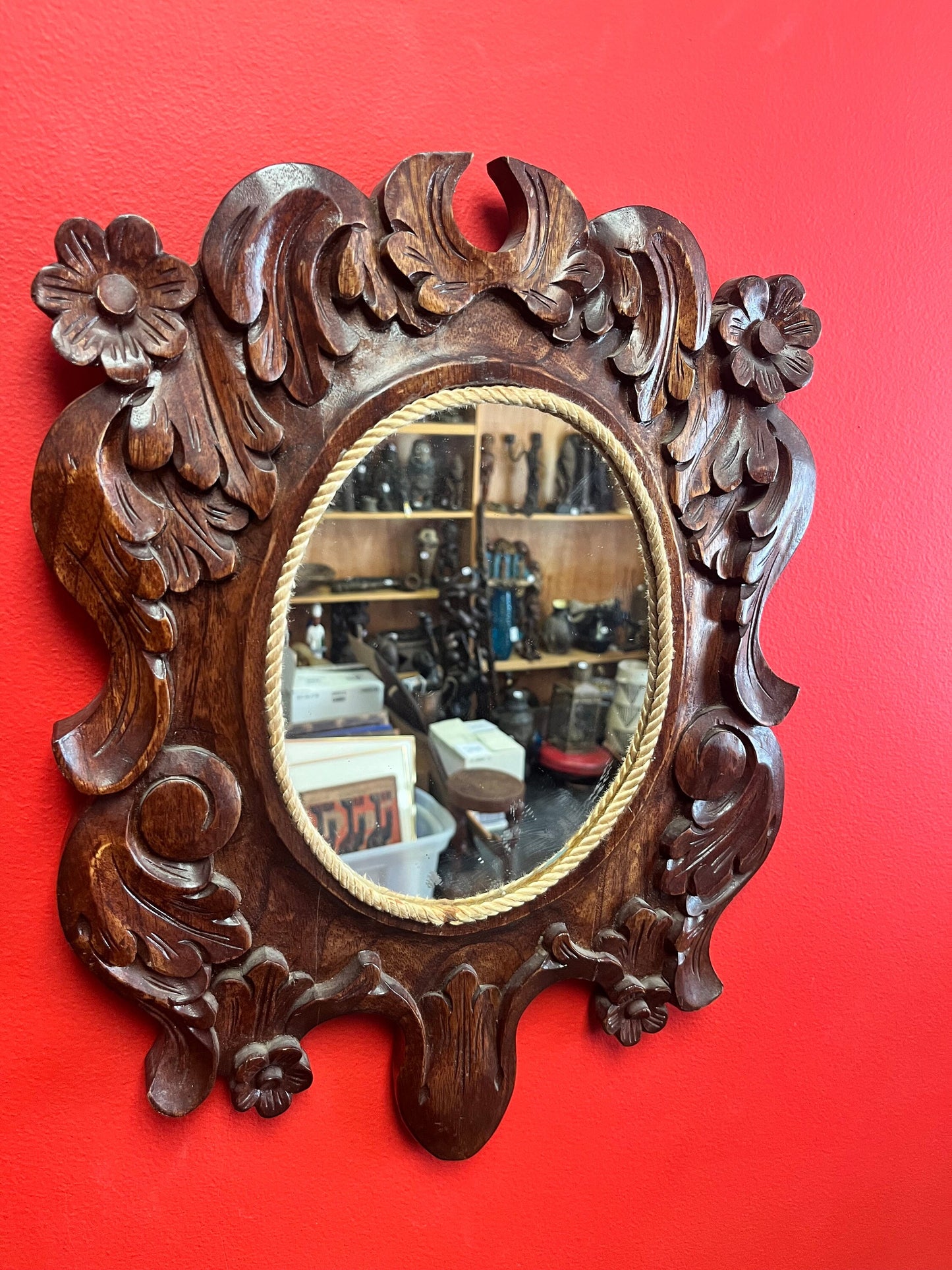 A  Beautiful 18 x 13 carved  wood mirror   heavy with great detail  antique wooden mirror