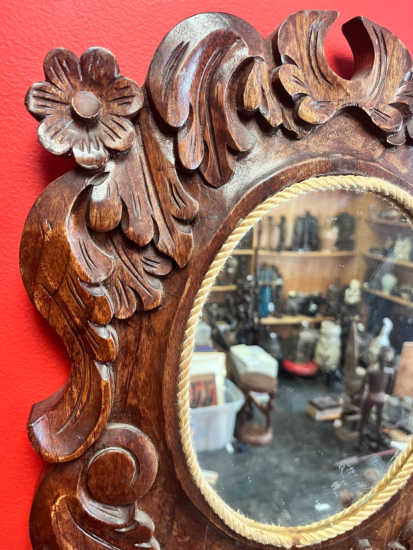 A  Beautiful 18 x 13 carved  wood mirror   heavy with great detail  antique wooden mirror