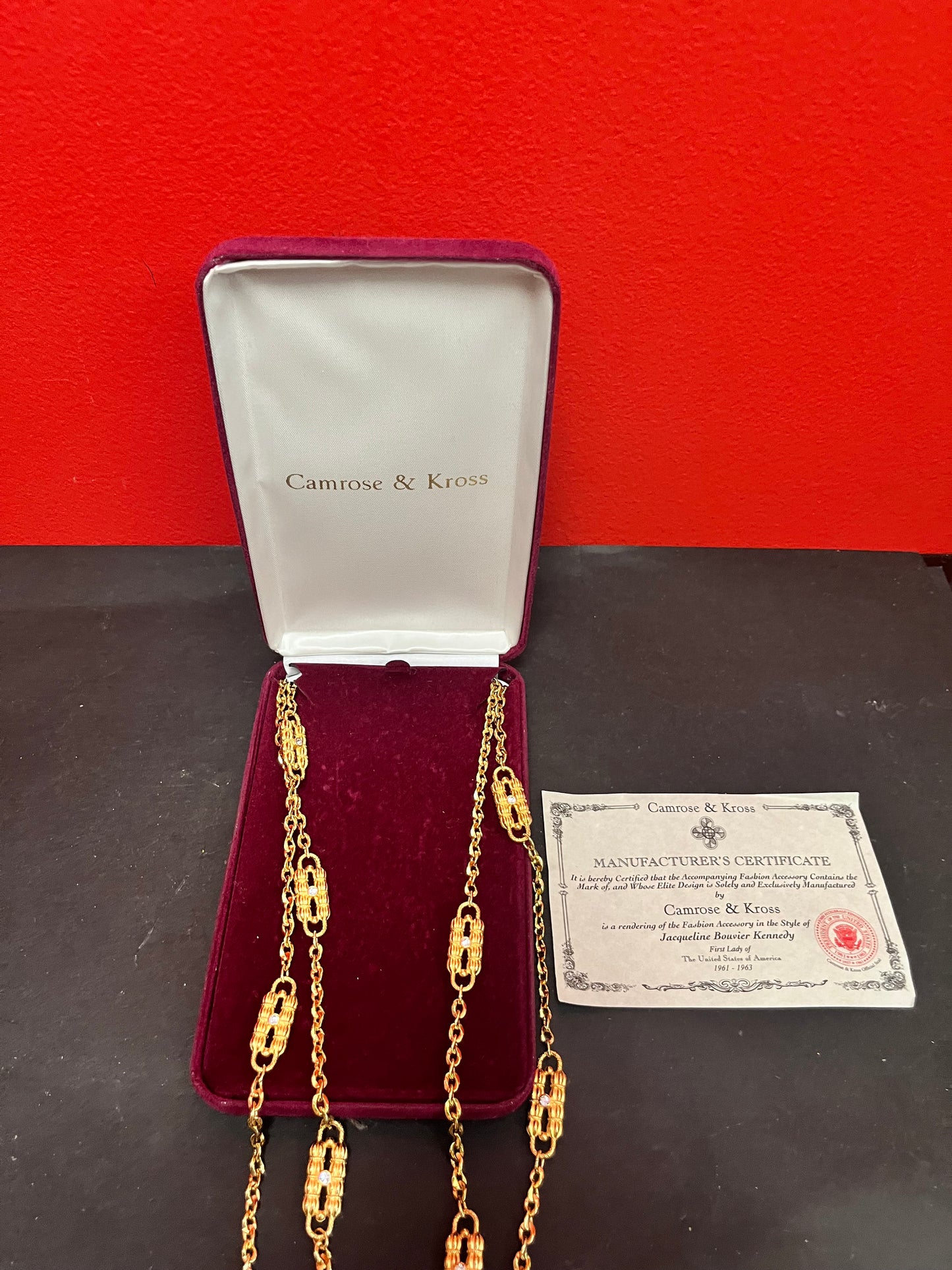 A  Stunning Camrose and Kross necklace designed for Jacqueline Kennedy in original box which certificate